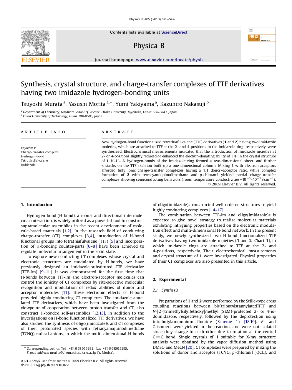 Synthesis, crystal structure, and charge-transfer complexes of TTF derivatives having two imidazole hydrogen-bonding units