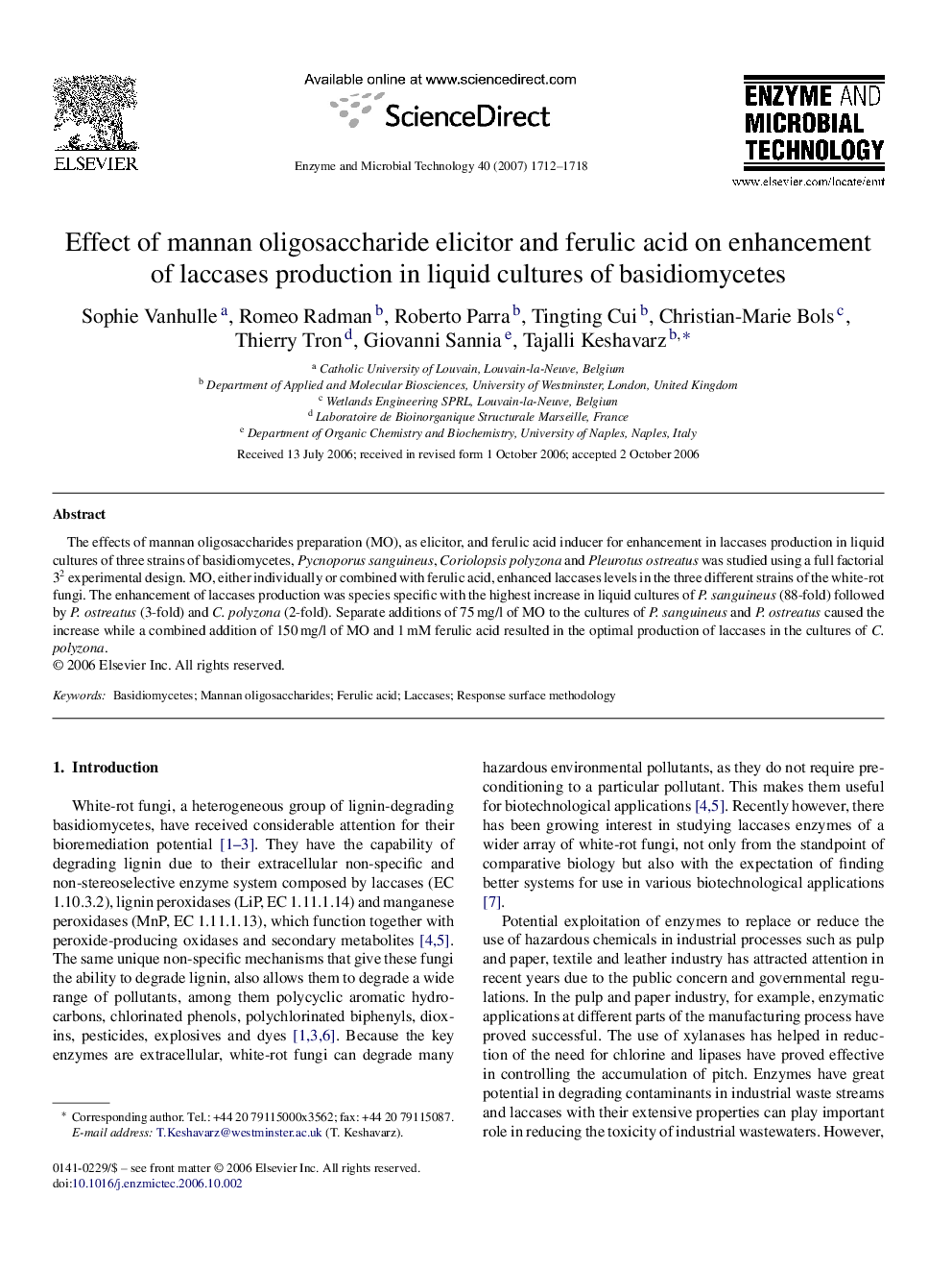 Effect of mannan oligosaccharide elicitor and ferulic acid on enhancement of laccases production in liquid cultures of basidiomycetes