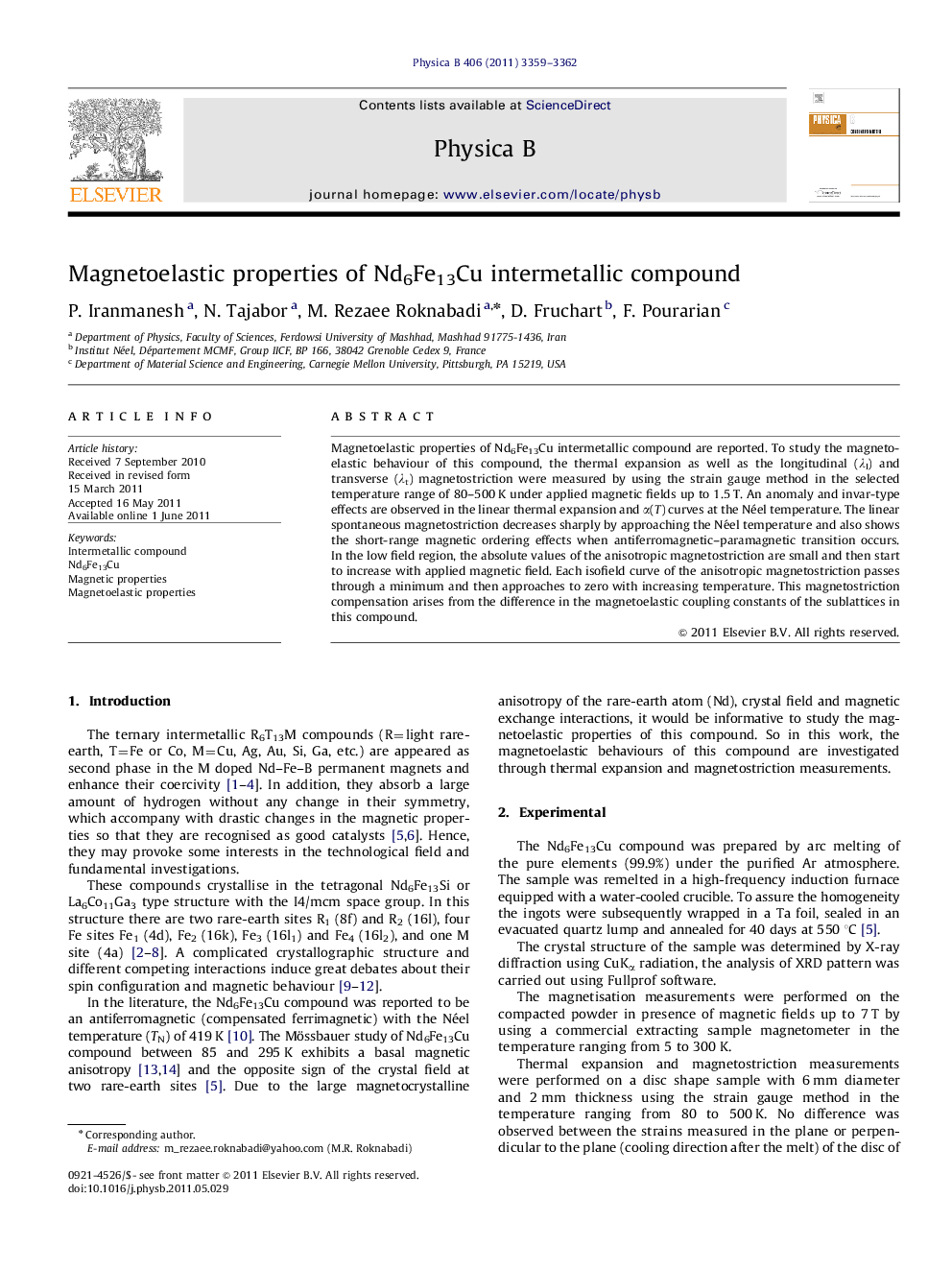 Magnetoelastic properties of Nd6Fe13Cu intermetallic compound