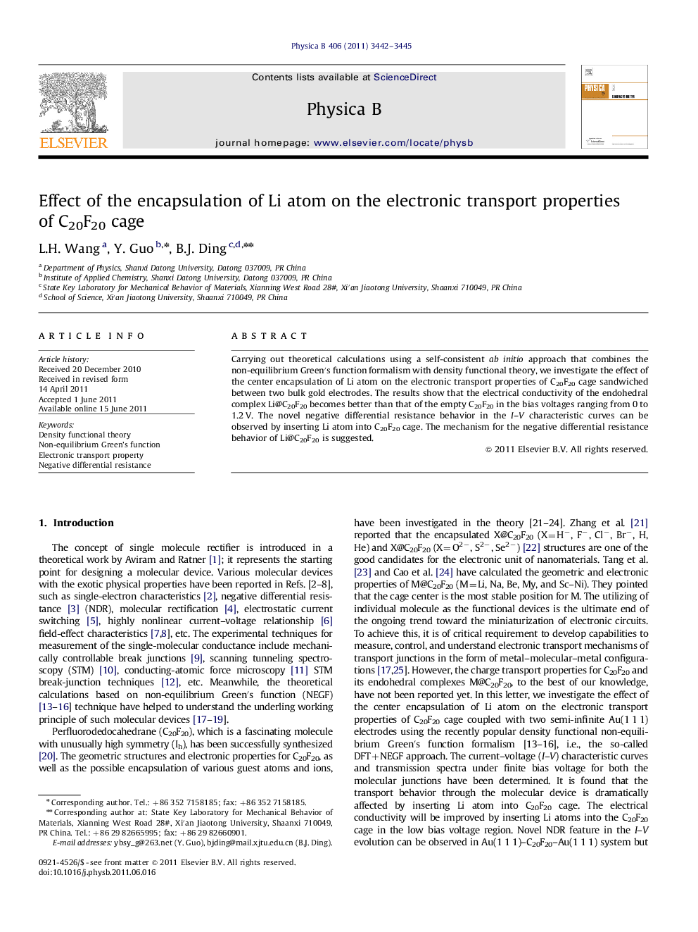 عکس صفحه اول مقاله: Effect of the encapsulation of Li atom on the electronic transport properties of C20F20 cage Effect of the encapsulation of Li atom on the electronic transport properties of C20F20 cage
