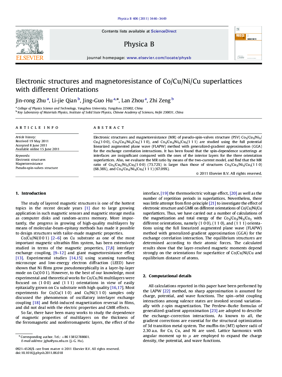 Electronic structures and magnetoresistance of Co/Cu/Ni/Cu superlattices with different Orientations