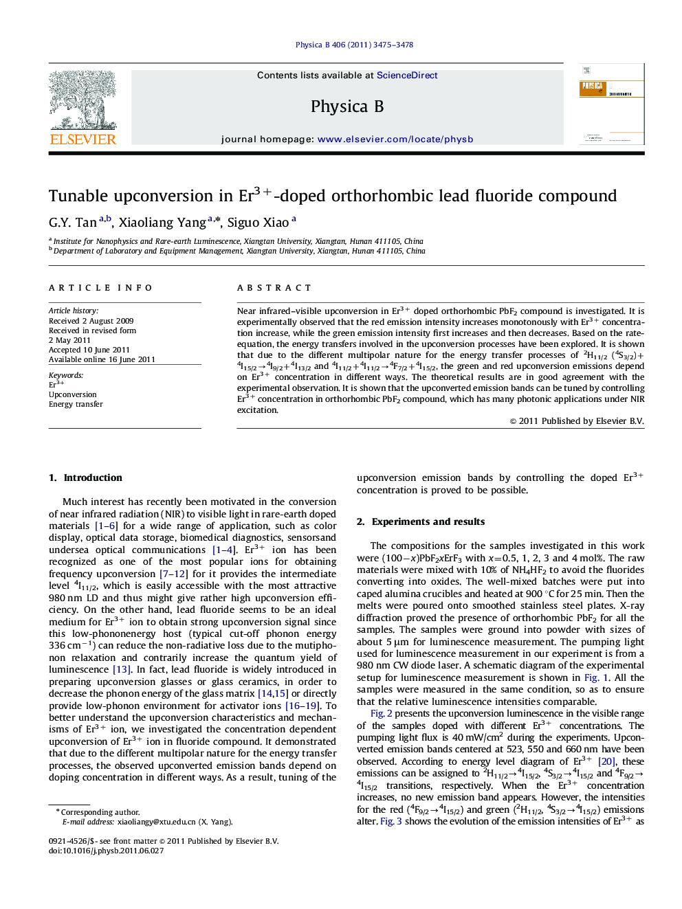 Tunable upconversion in Er3+-doped orthorhombic lead fluoride compound