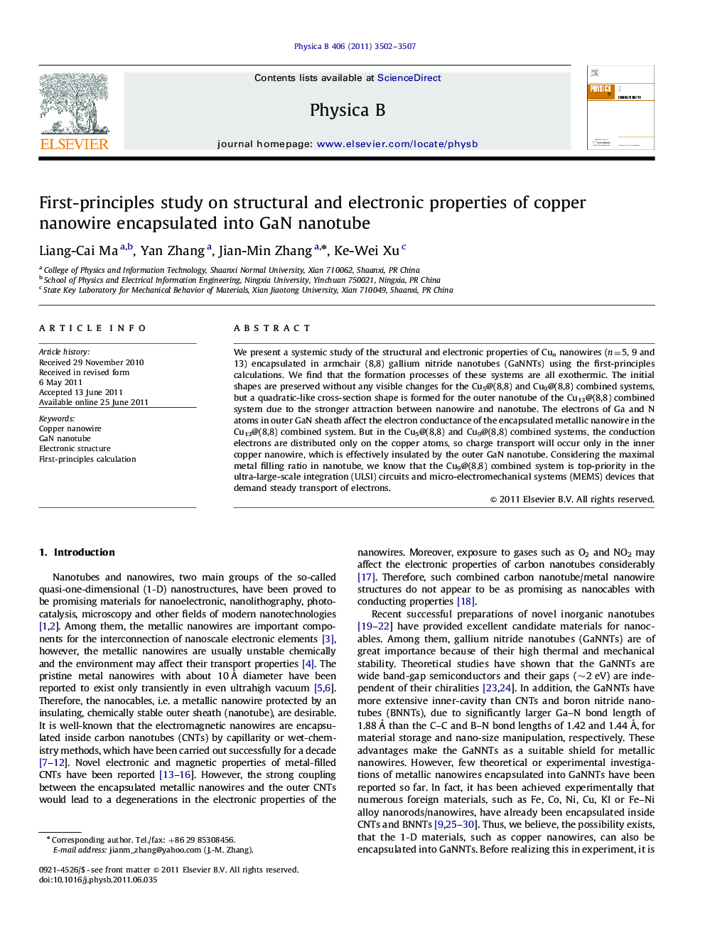 First-principles study on structural and electronic properties of copper nanowire encapsulated into GaN nanotube