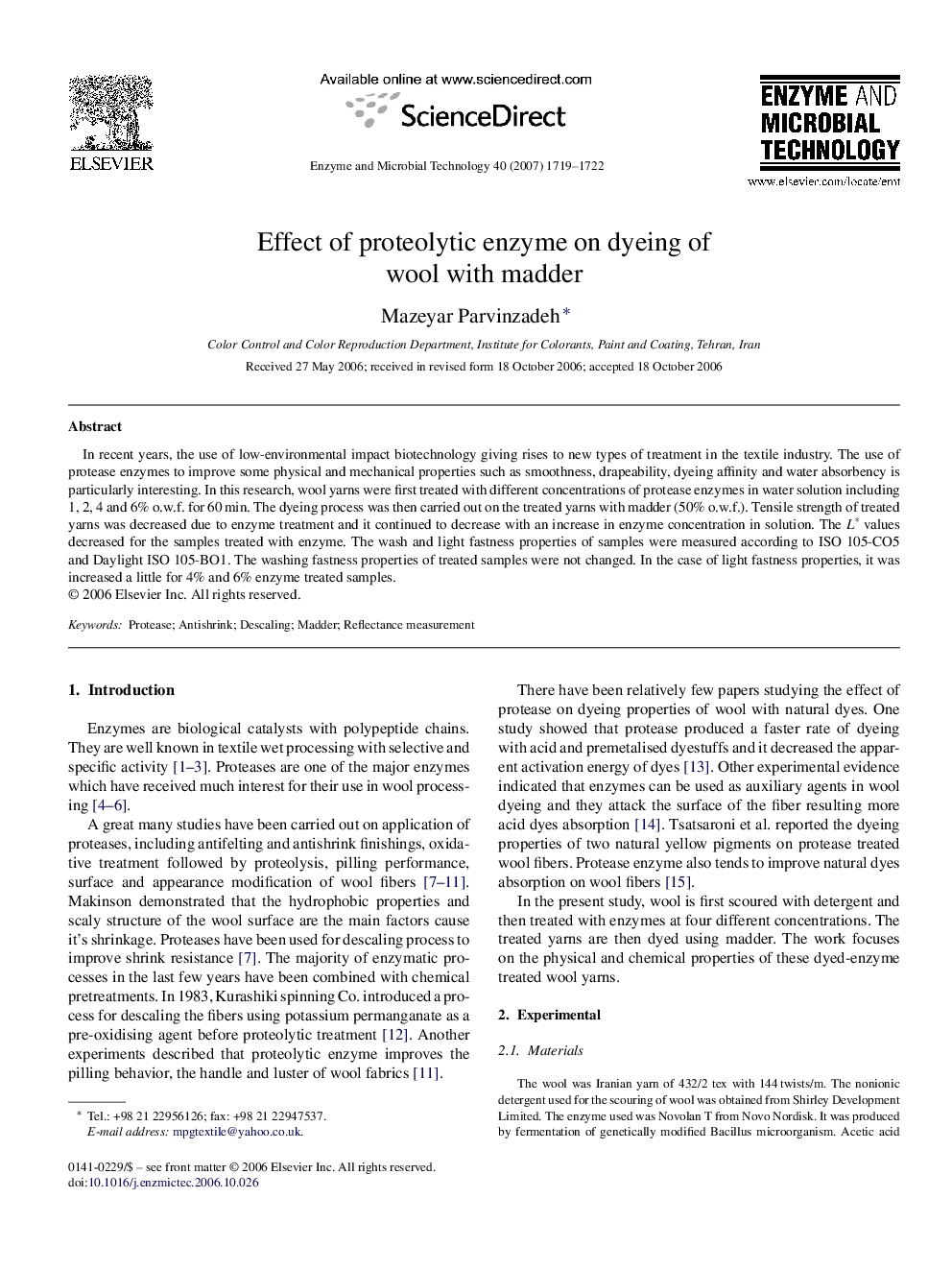 Effect of proteolytic enzyme on dyeing of wool with madder