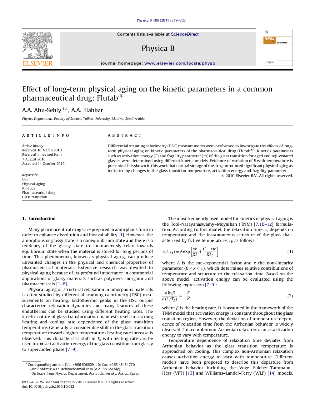 Effect of long-term physical aging on the kinetic parameters in a common pharmaceutical drug: Flutab®