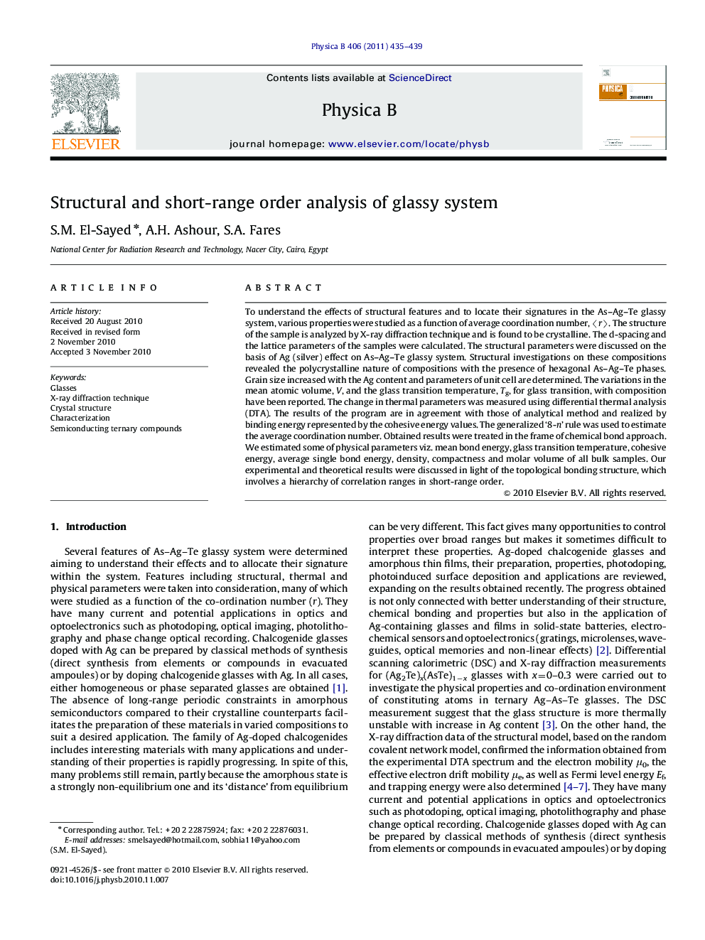 Structural and short-range order analysis of glassy system