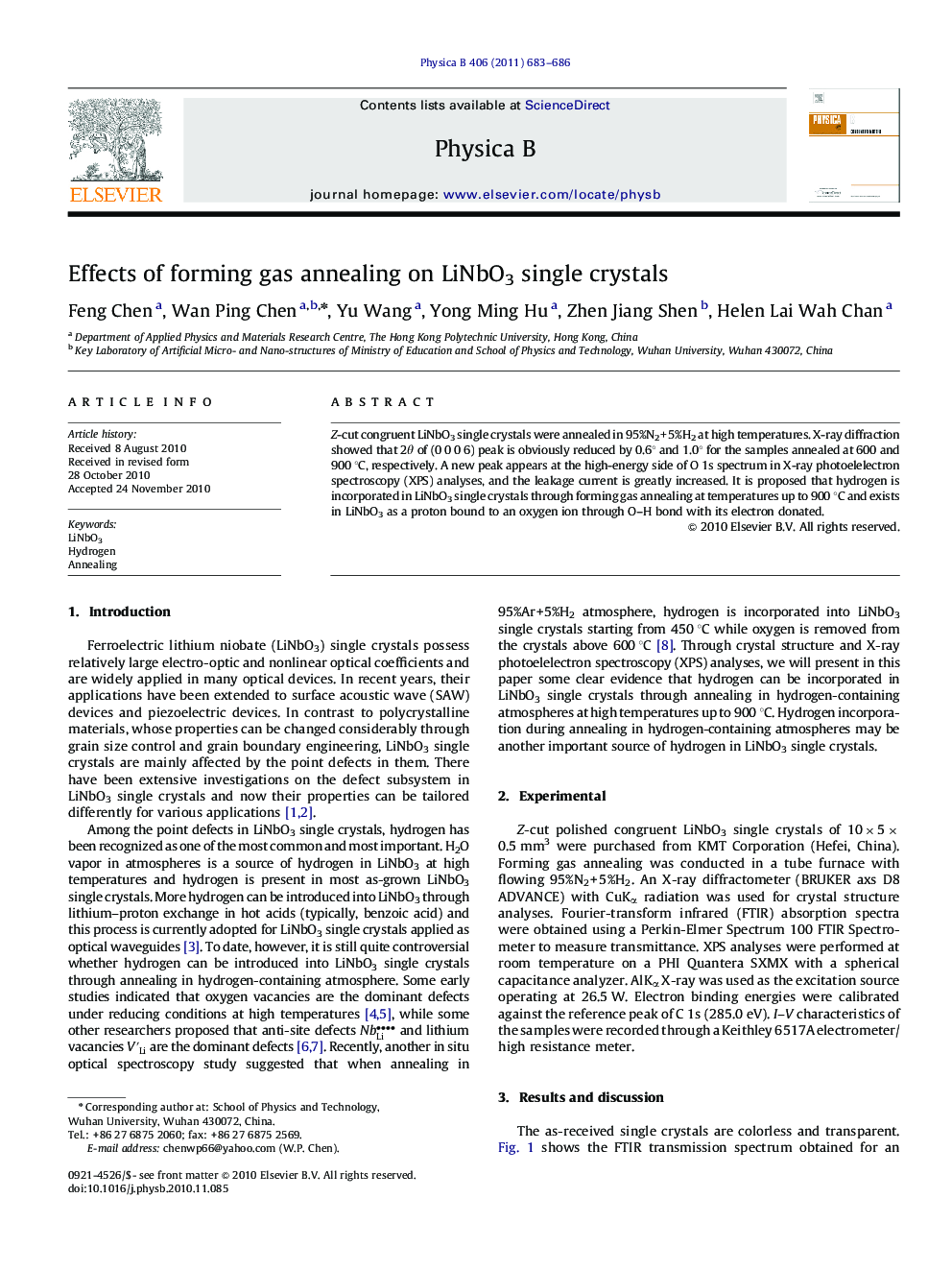 عکس صفحه اول مقاله: Effects of forming gas annealing on LiNbO3 single crystals Effects of forming gas annealing on LiNbO3 single crystals