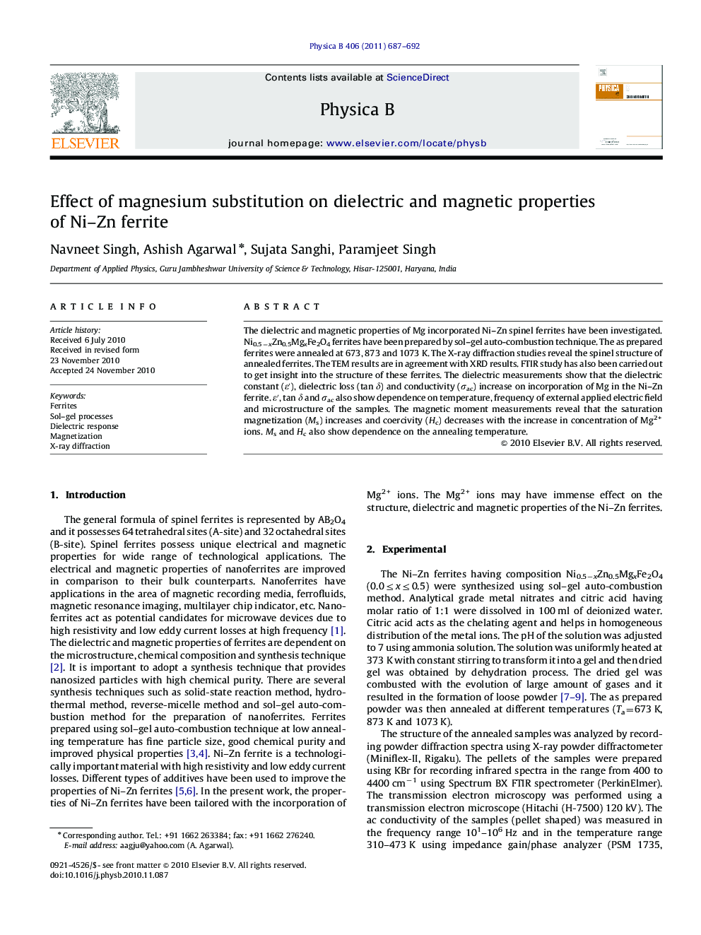 Effect of magnesium substitution on dielectric and magnetic properties of Ni–Zn ferrite