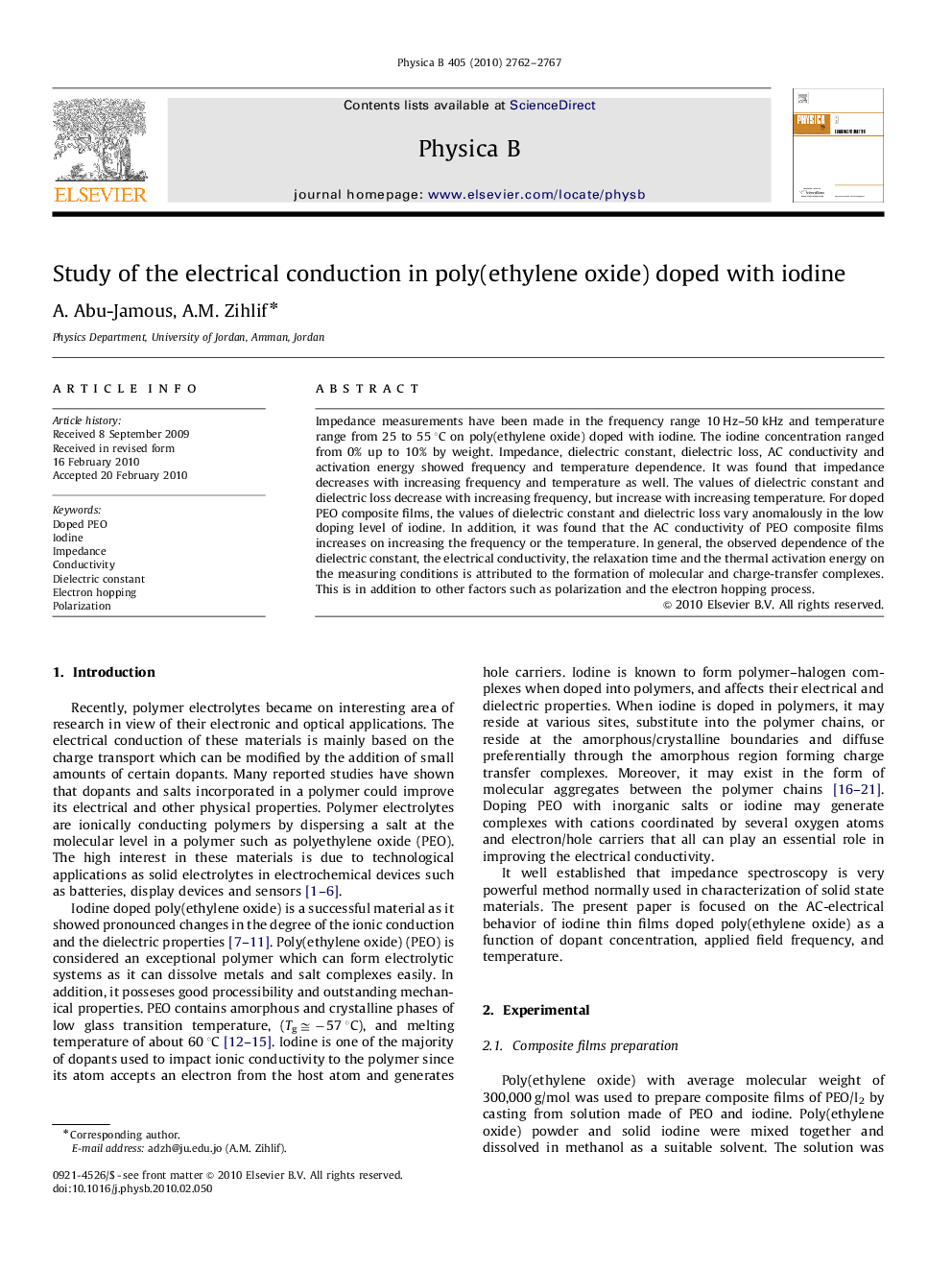 Study of the electrical conduction in poly(ethylene oxide) doped with iodine