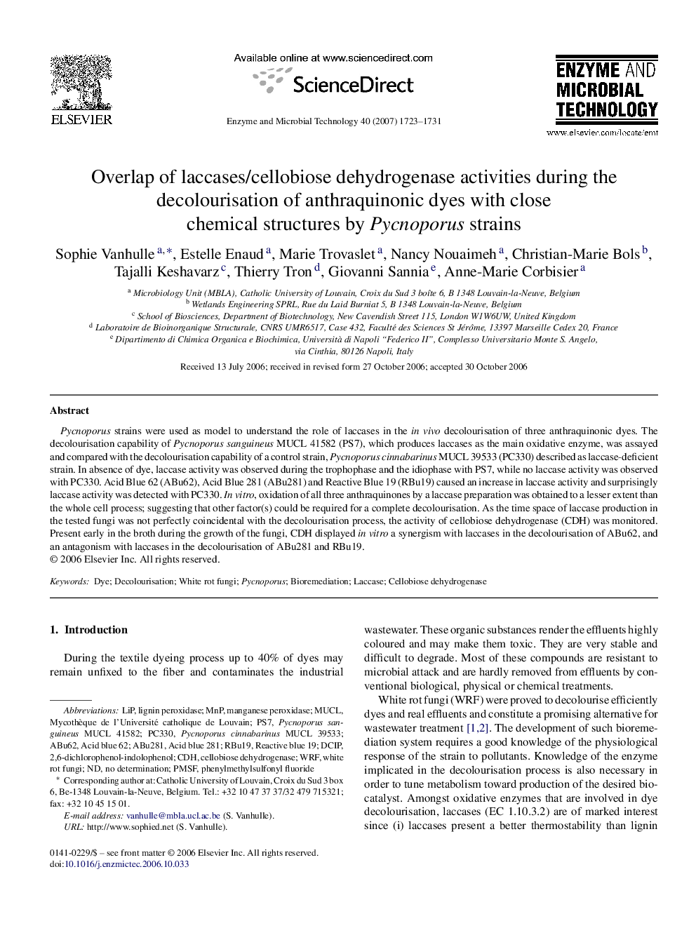 Overlap of laccases/cellobiose dehydrogenase activities during the decolourisation of anthraquinonic dyes with close chemical structures by Pycnoporus strains