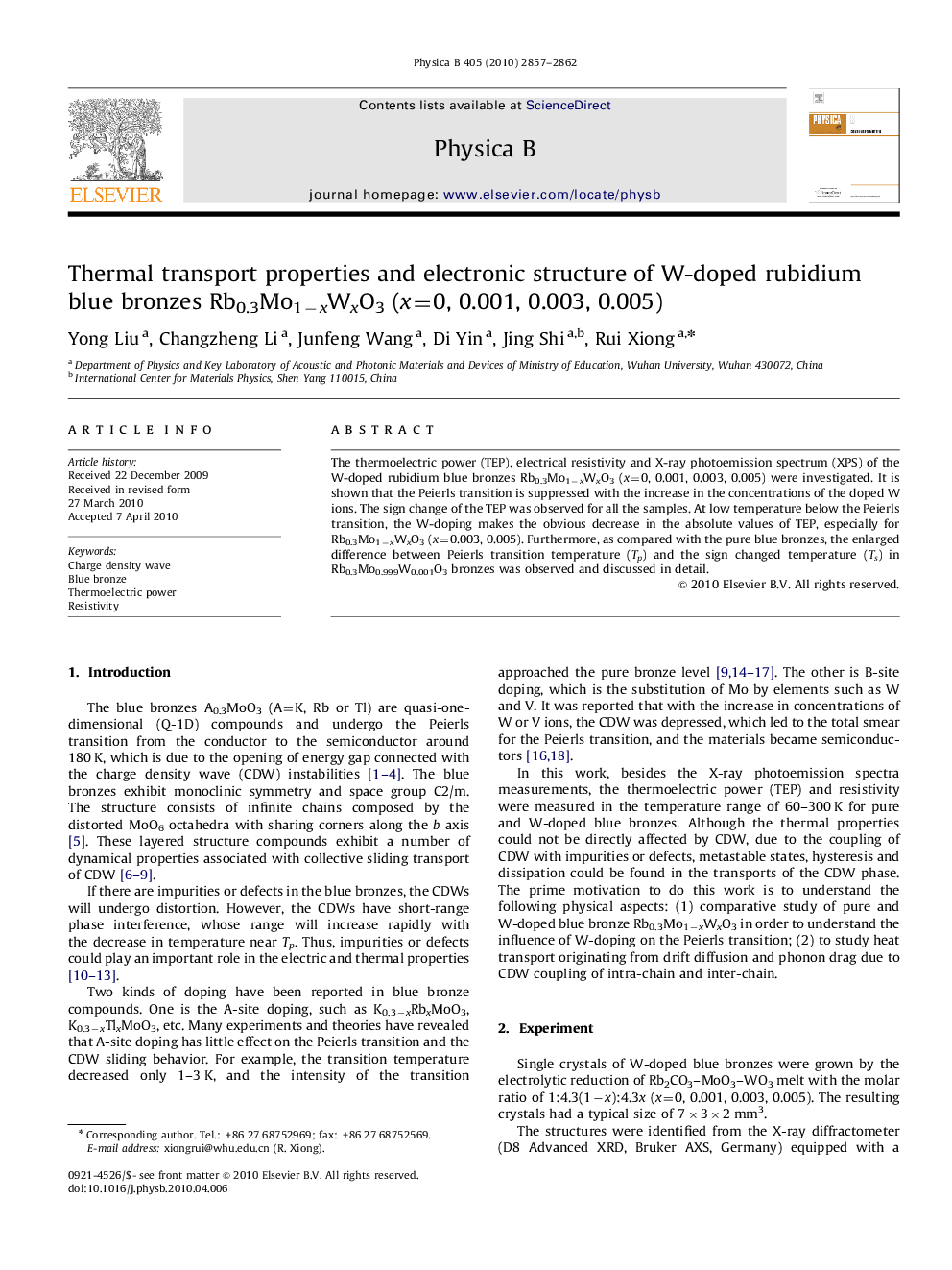 Thermal transport properties and electronic structure of W-doped rubidium blue bronzes Rb0.3Mo1âxWxO3 (x=0, 0.001, 0.003, 0.005)