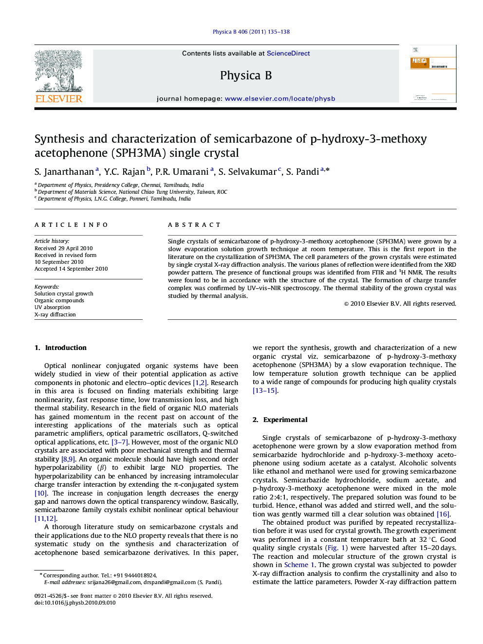 Synthesis and characterization of semicarbazone of p-hydroxy-3-methoxy acetophenone (SPH3MA) single crystal