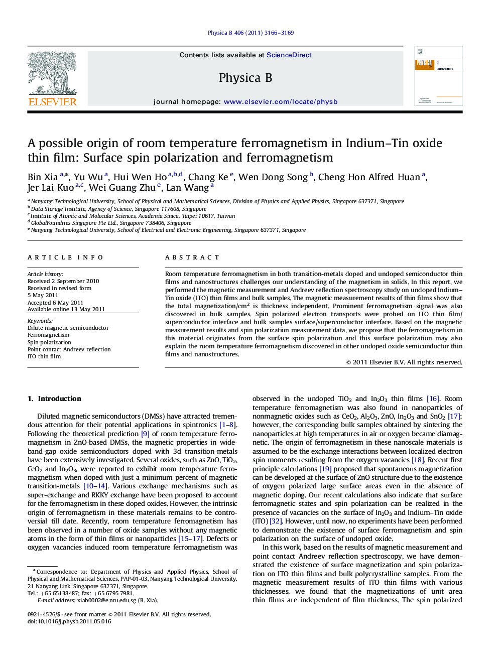 A possible origin of room temperature ferromagnetism in Indium–Tin oxide thin film: Surface spin polarization and ferromagnetism