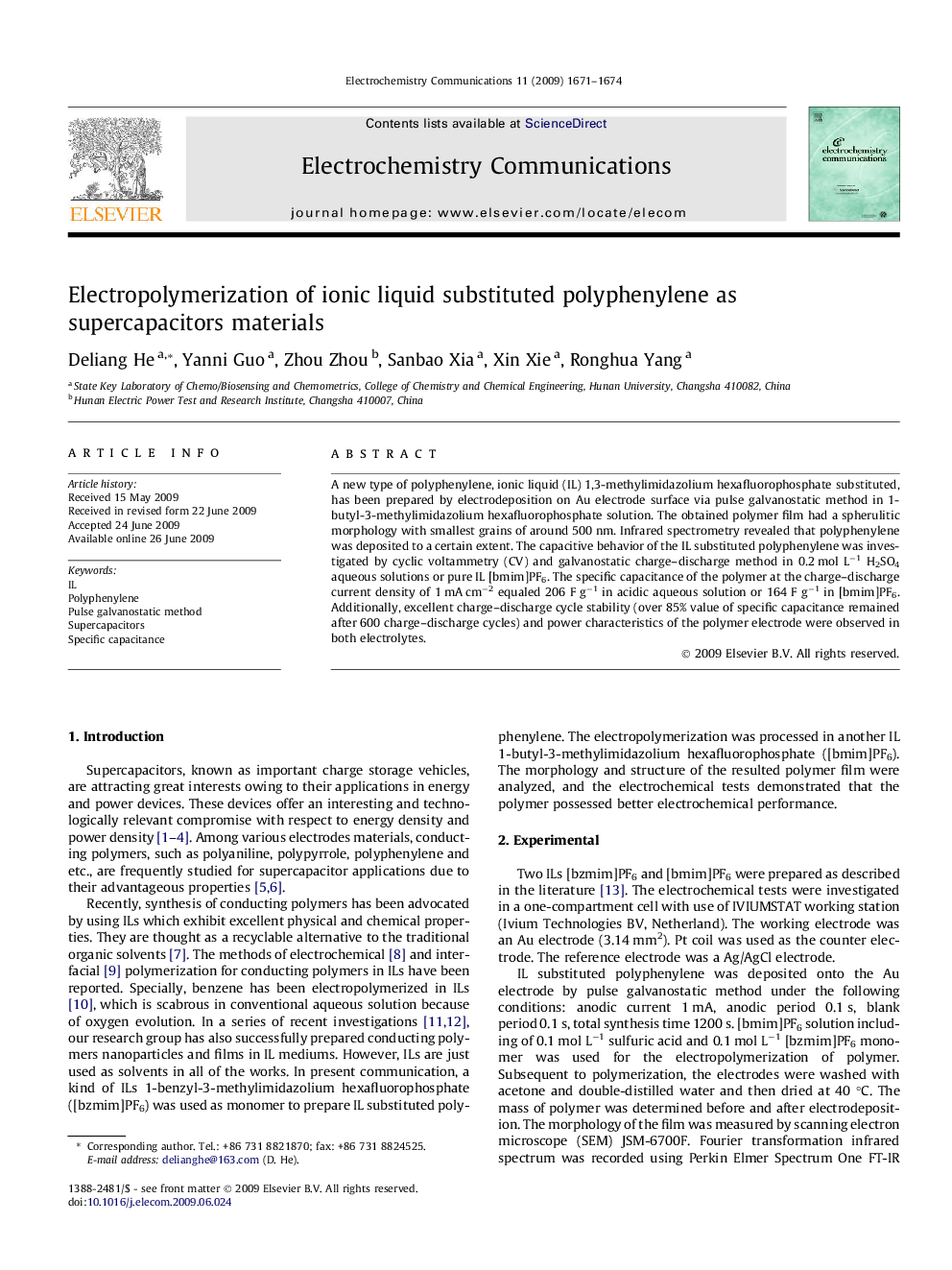 Electropolymerization of ionic liquid substituted polyphenylene as supercapacitors materials