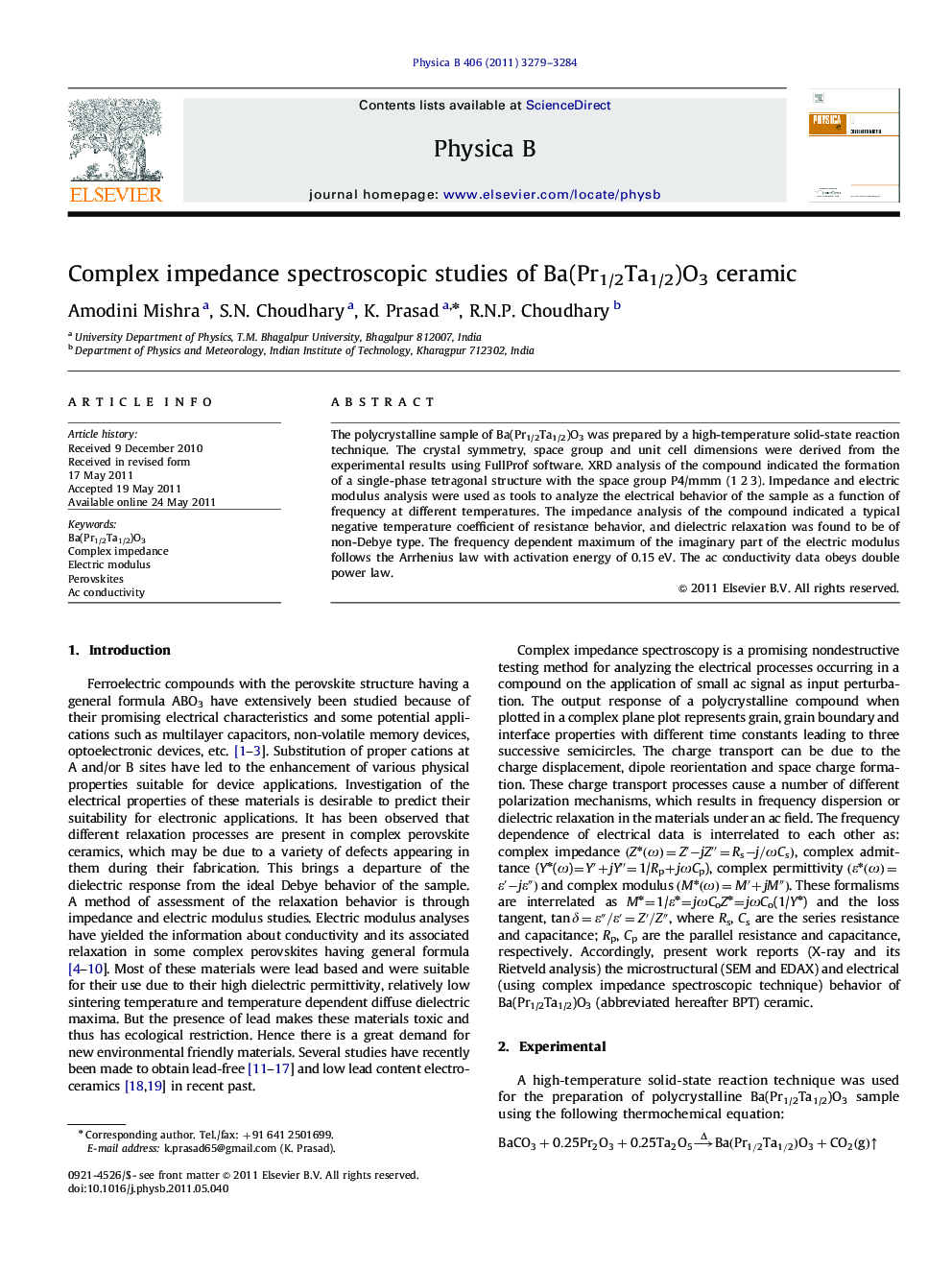 Complex impedance spectroscopic studies of Ba(Pr1/2Ta1/2)O3 ceramic