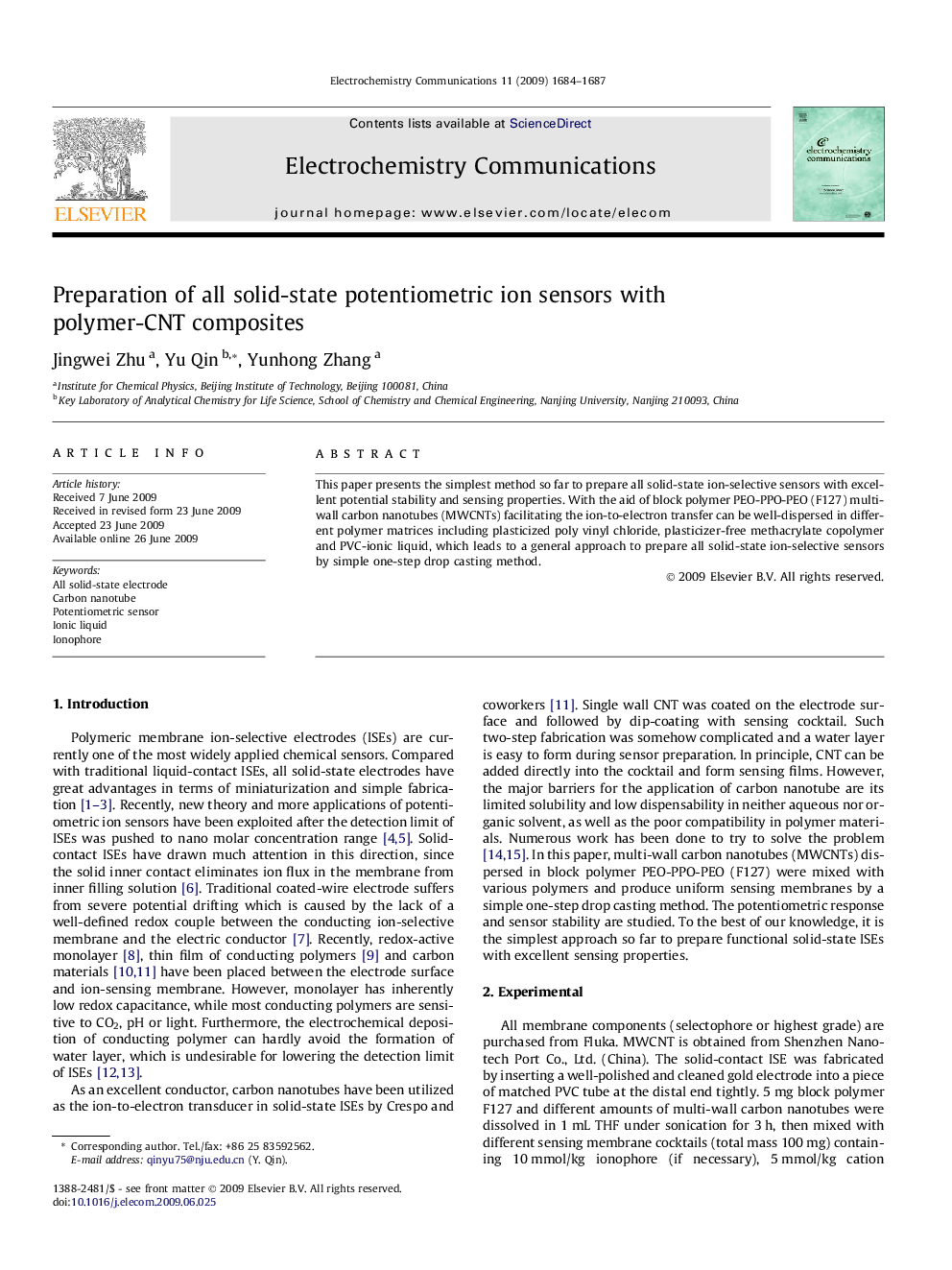 Preparation of all solid-state potentiometric ion sensors with polymer-CNT composites