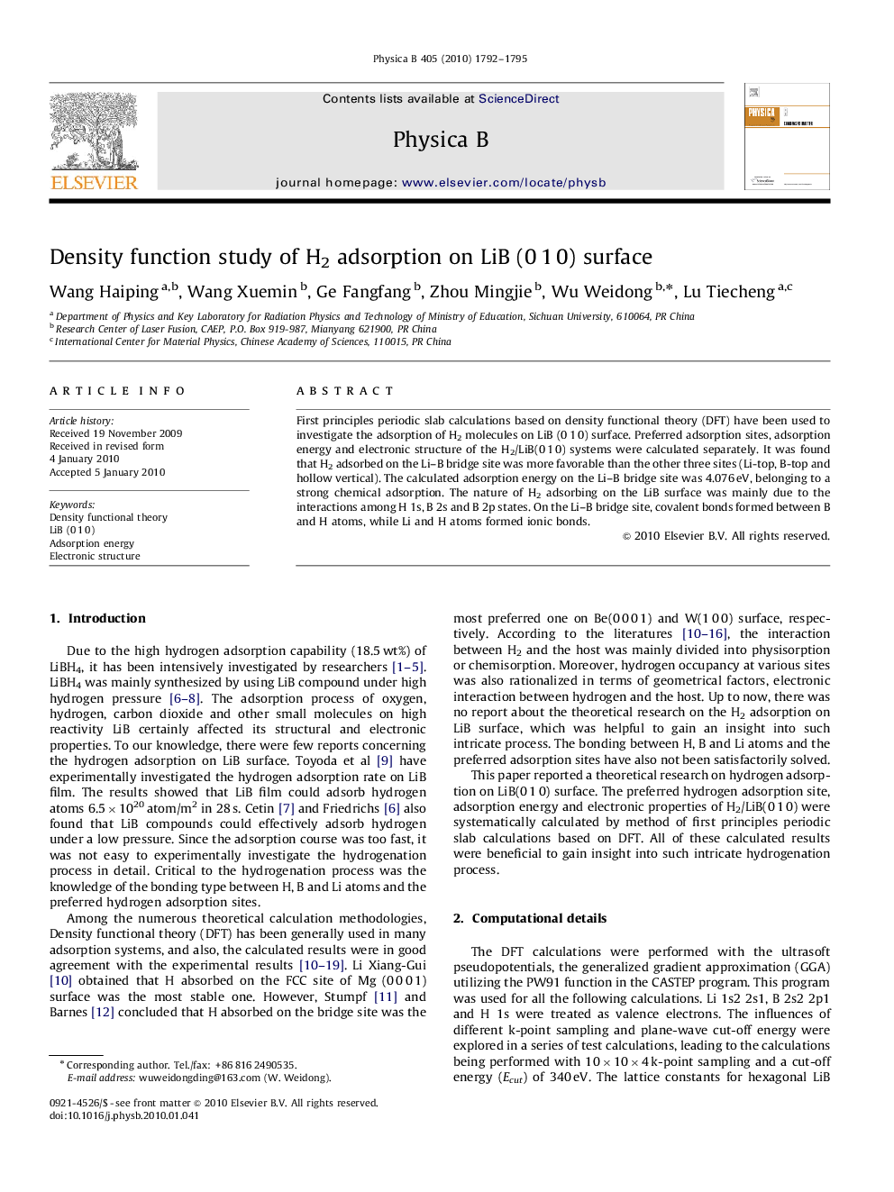 Density function study of H2 adsorption on LiB (0Â 1Â 0) surface