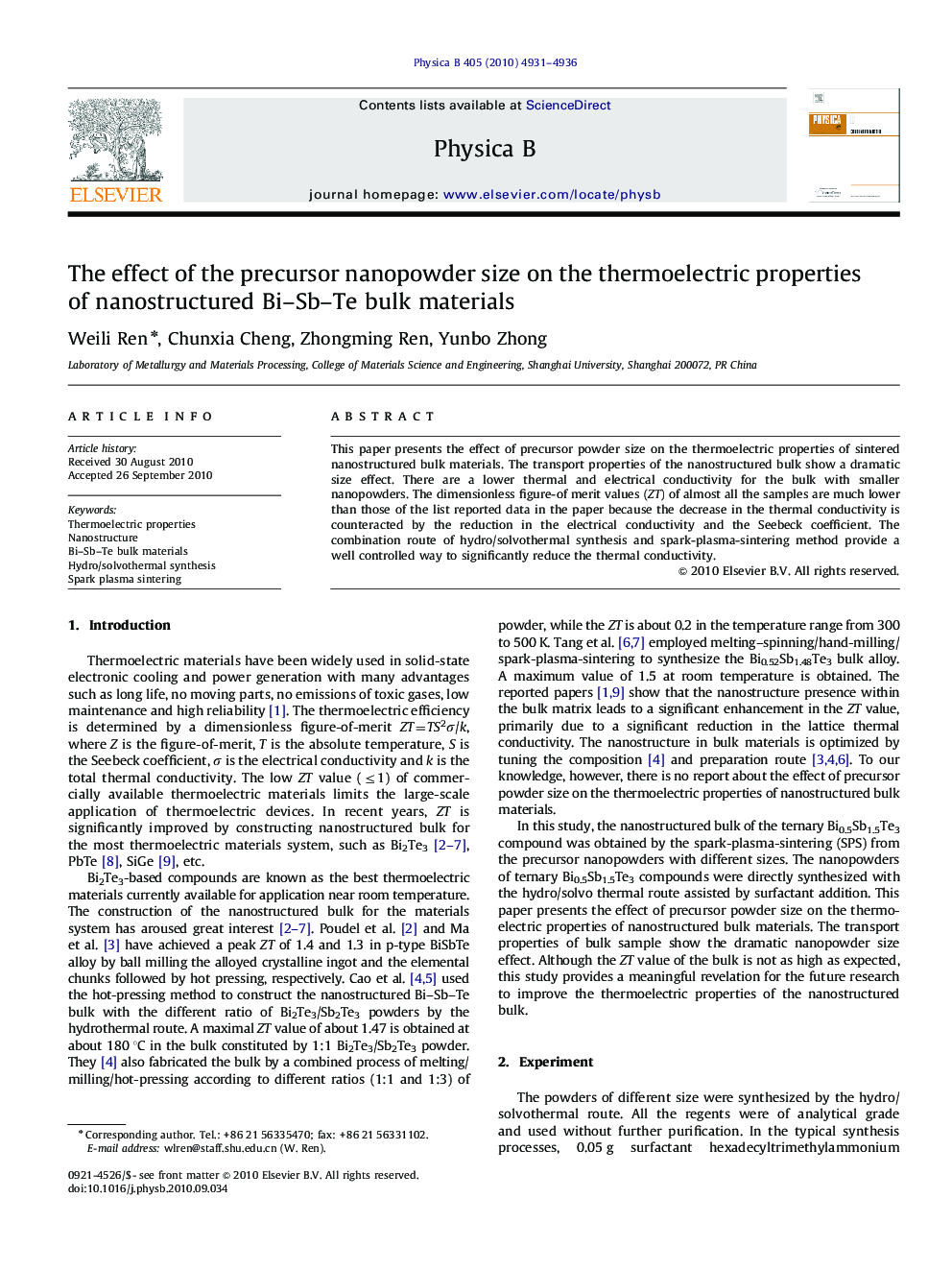 The effect of the precursor nanopowder size on the thermoelectric properties of nanostructured Bi–Sb–Te bulk materials