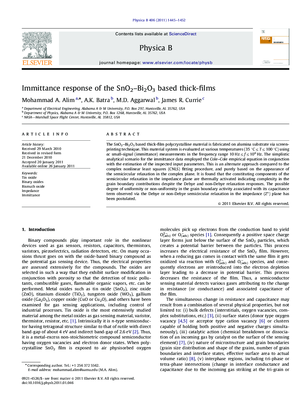 Immittance response of the SnO2-Bi2O3 based thick-films