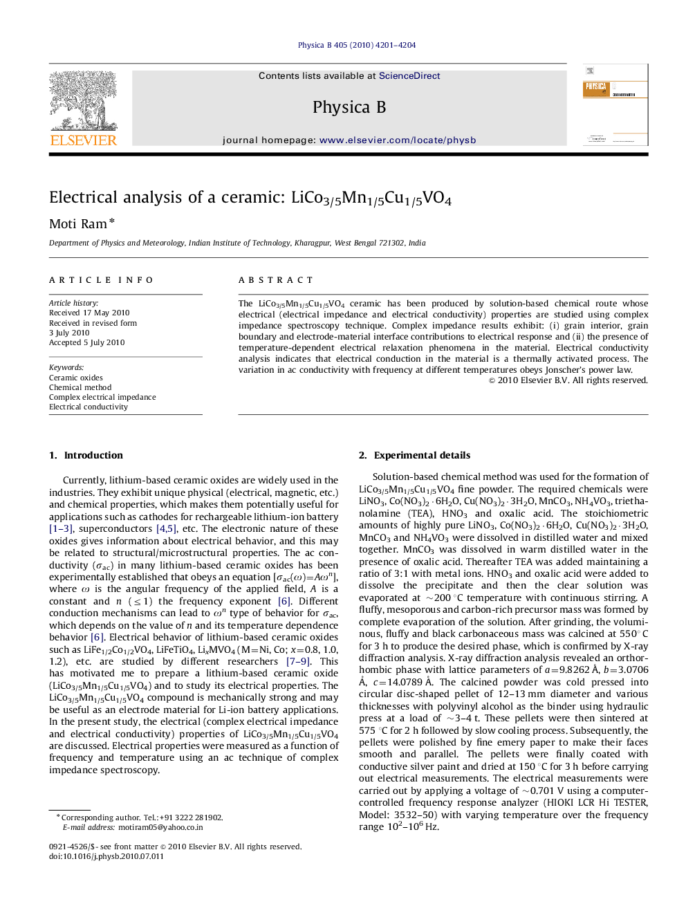 Electrical analysis of a ceramic: LiCo3/5Mn1/5Cu1/5VO4