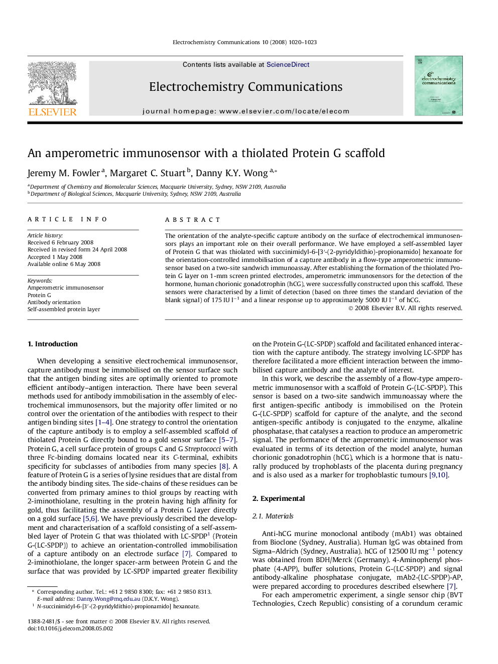 An amperometric immunosensor with a thiolated Protein G scaffold