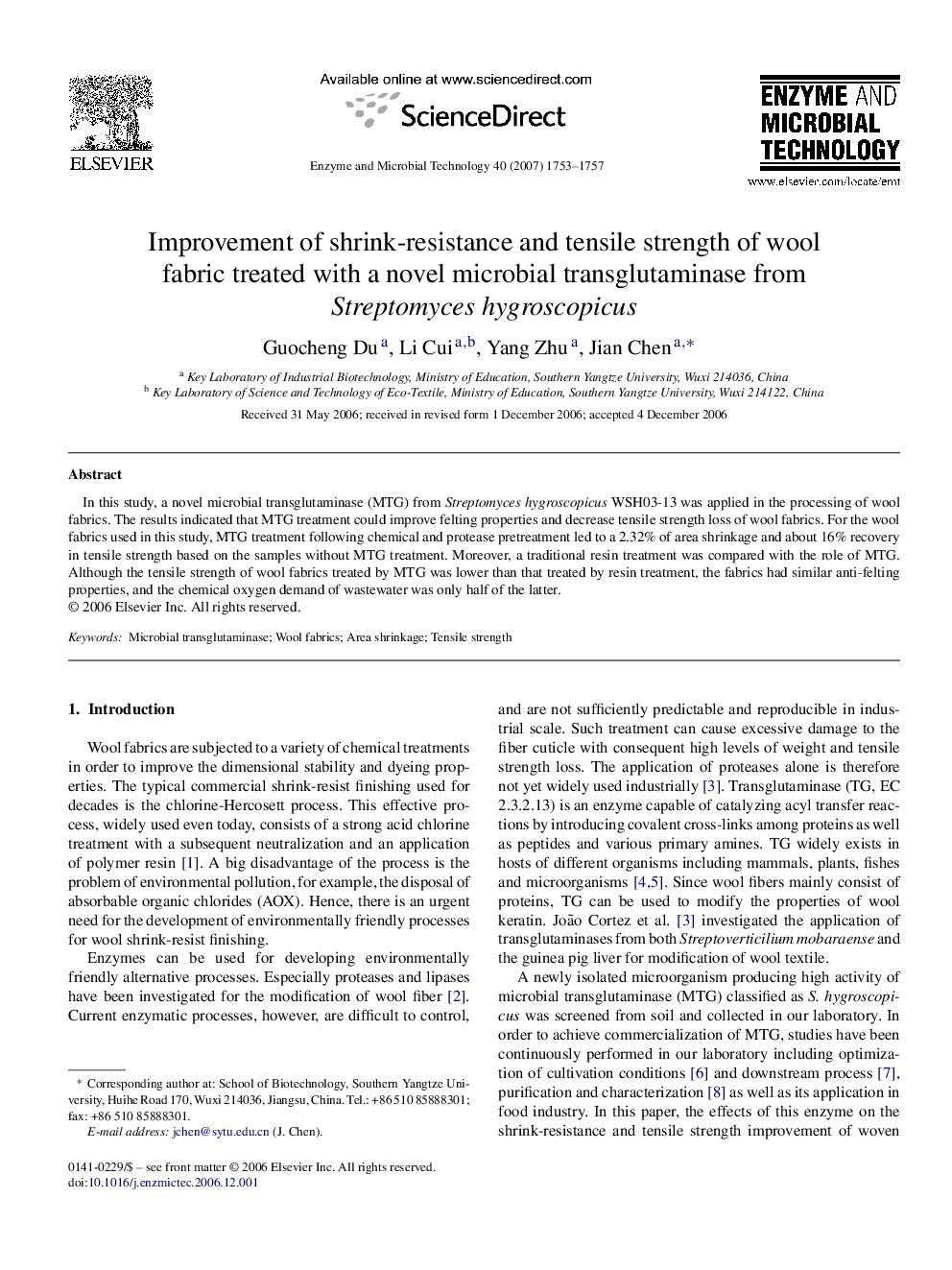 Improvement of shrink-resistance and tensile strength of wool fabric treated with a novel microbial transglutaminase from Streptomyces hygroscopicus