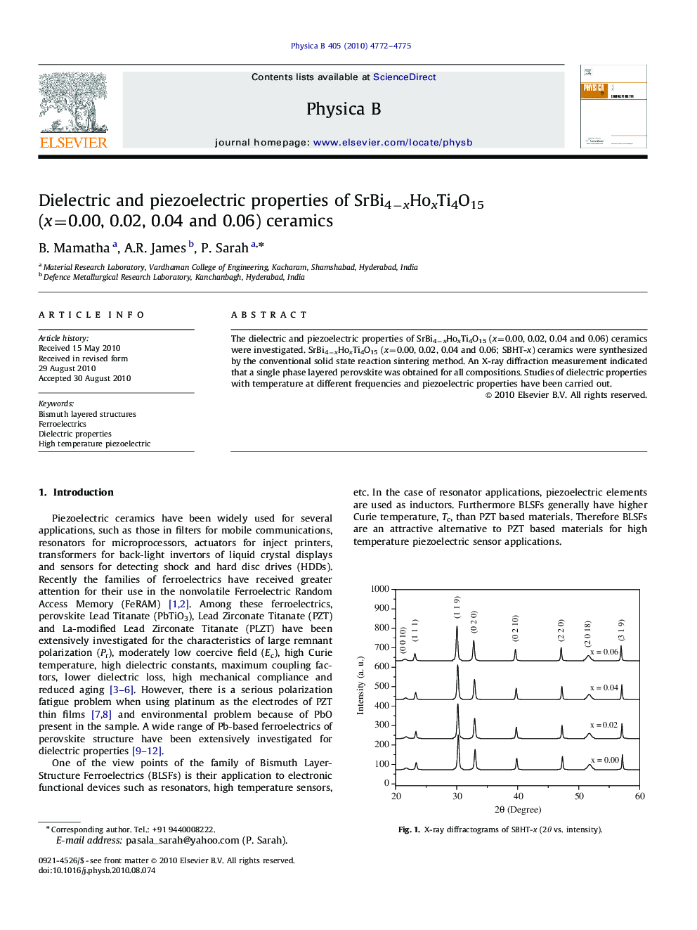 Dielectric and piezoelectric properties of SrBi4−xHoxTi4O15 (x=0.00, 0.02, 0.04 and 0.06) ceramics