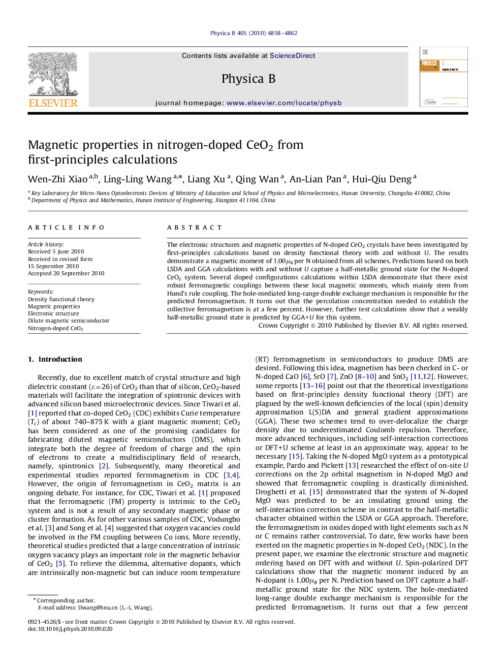 Magnetic properties in nitrogen-doped CeO2 from first-principles calculations