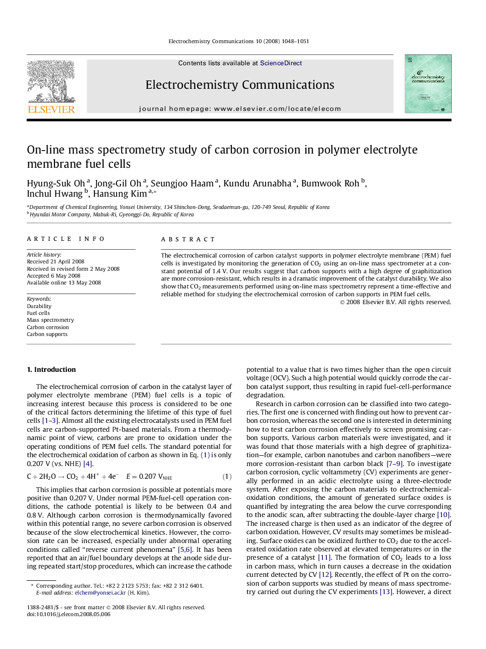 On-line mass spectrometry study of carbon corrosion in polymer electrolyte membrane fuel cells