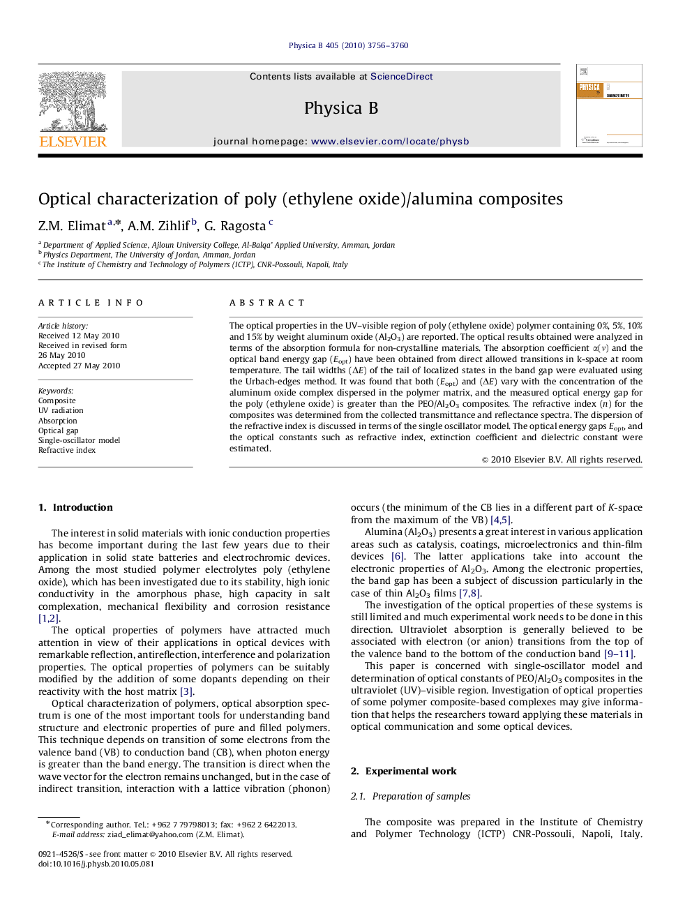 Optical characterization of poly (ethylene oxide)/alumina composites