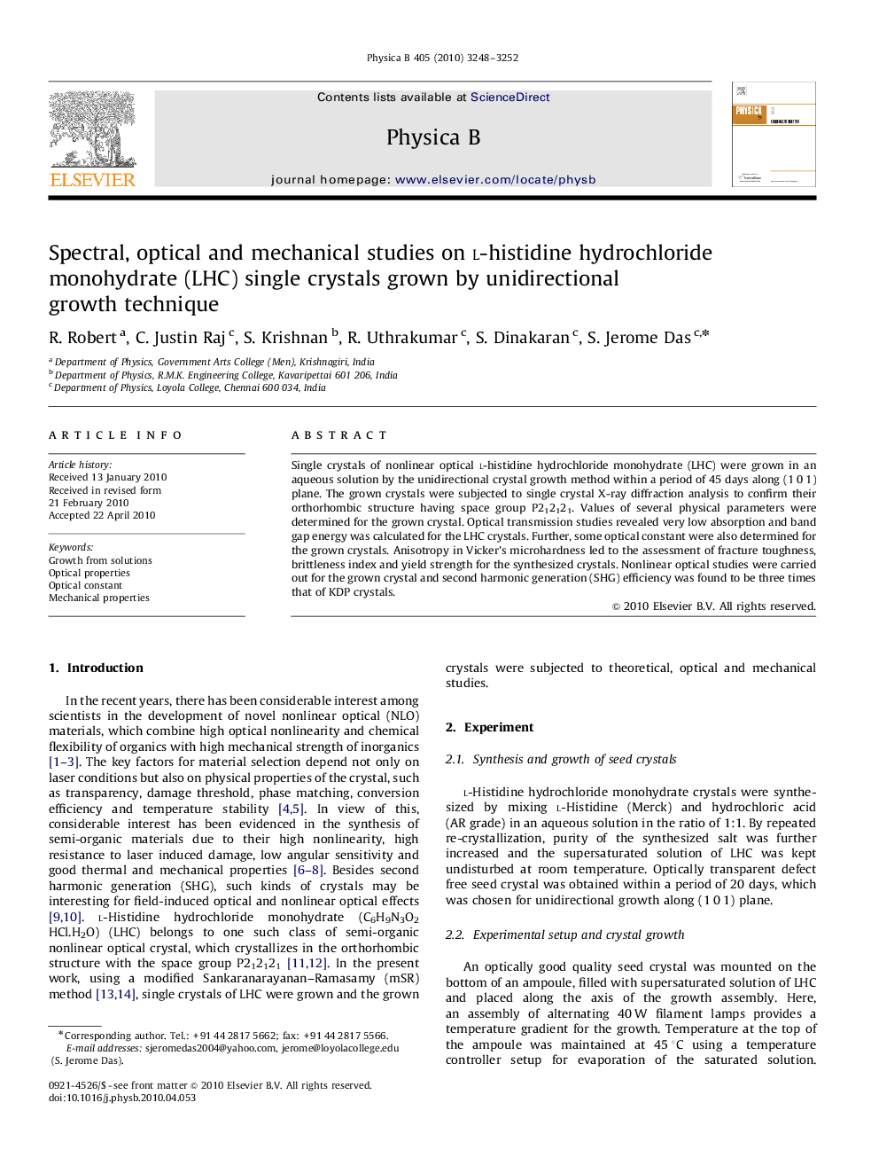 Spectral, optical and mechanical studies on l-histidine hydrochloride monohydrate (LHC) single crystals grown by unidirectional growth technique