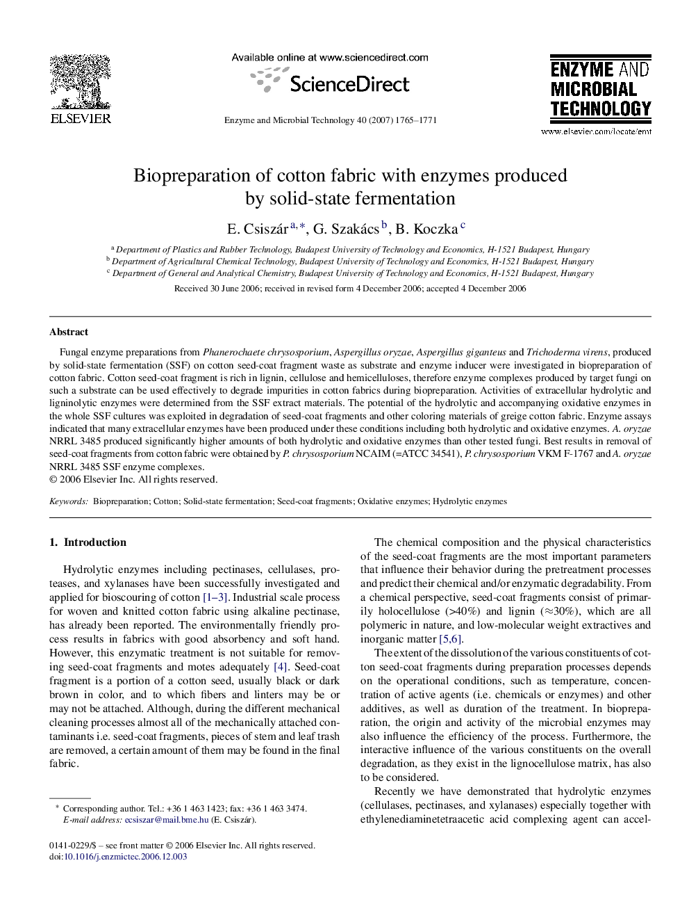 Biopreparation of cotton fabric with enzymes produced by solid-state fermentation