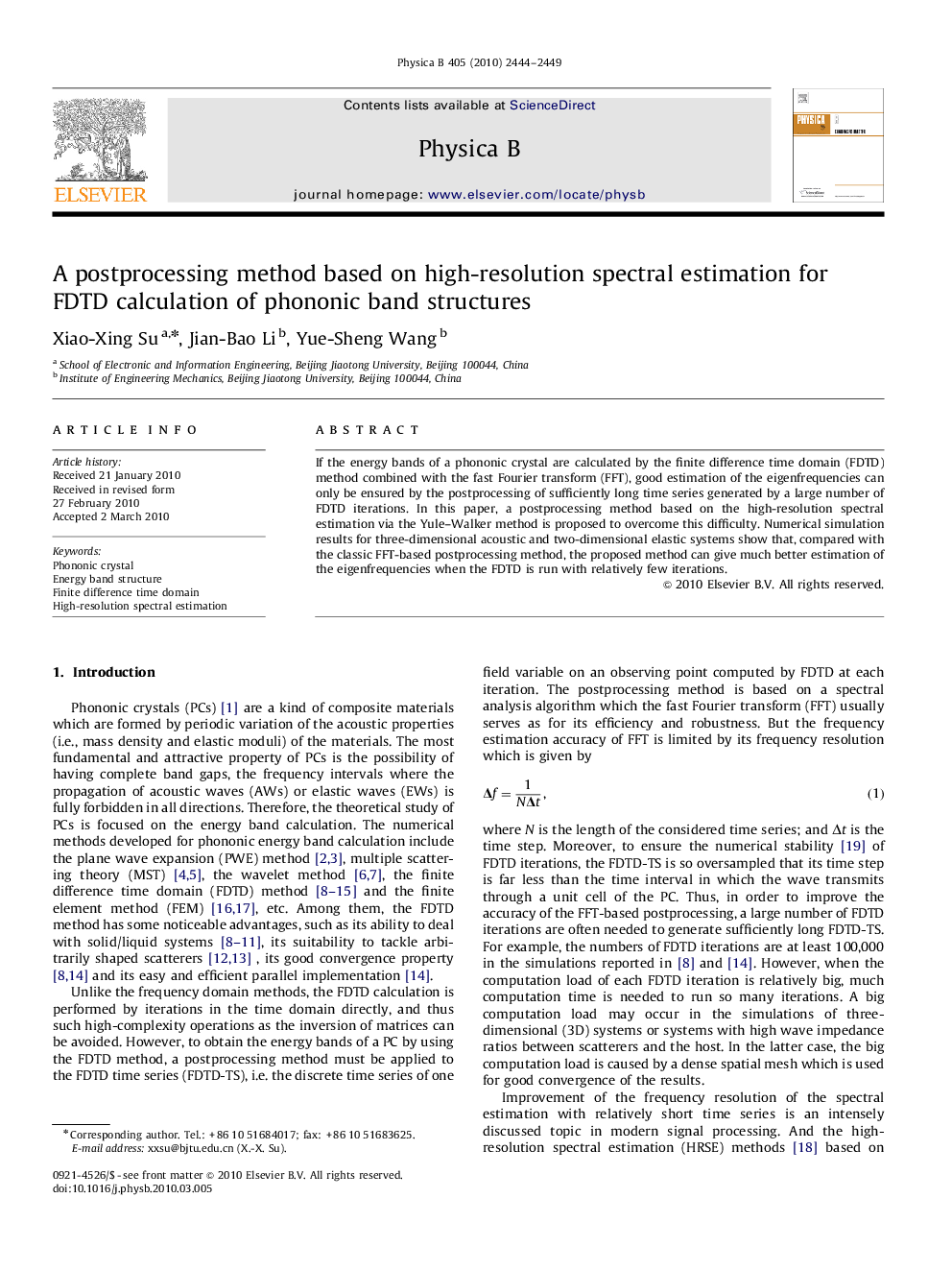 A postprocessing method based on high-resolution spectral estimation for FDTD calculation of phononic band structures