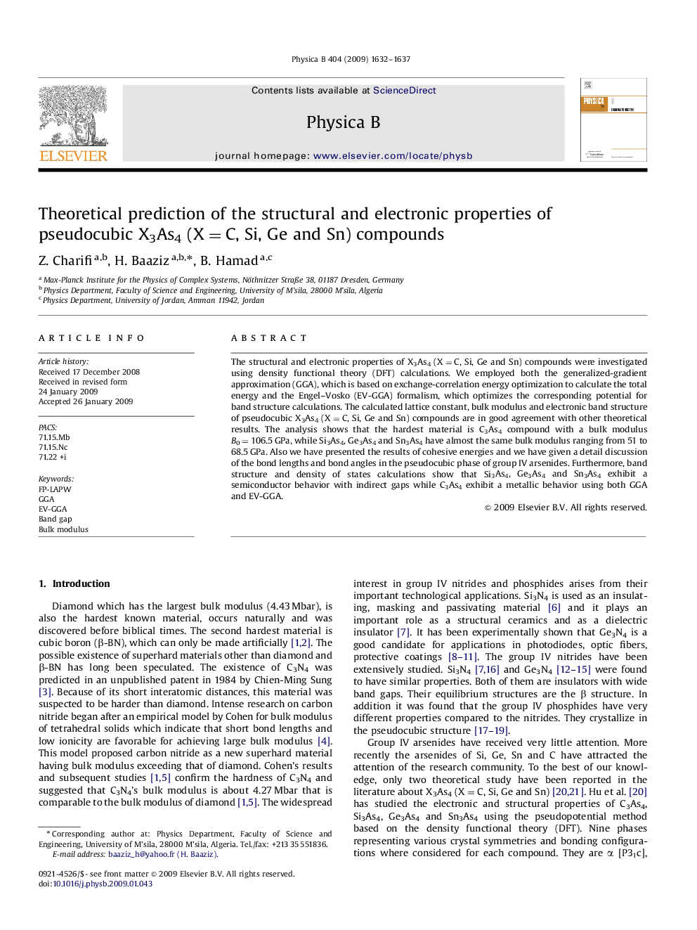 عکس صفحه اول مقاله: Theoretical prediction of the structural and electronic properties of pseudocubic X3As4 (X=C, Si, Ge and Sn) compounds Theoretical prediction of the structural and electronic properties of pseudocubic X3As4 (X=C, Si, Ge and Sn) compounds