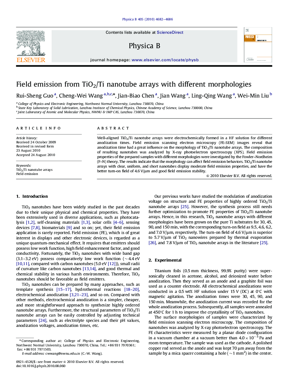 Field emission from TiO2/Ti nanotube arrays with different morphologies