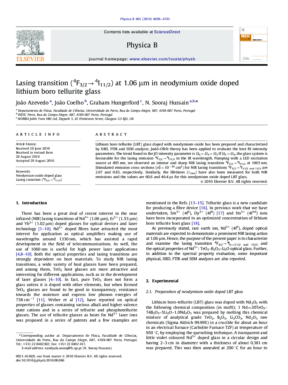 Lasing transition (4F3/2→4I11/2) at 1.06 μm in neodymium oxide doped lithium boro tellurite glass