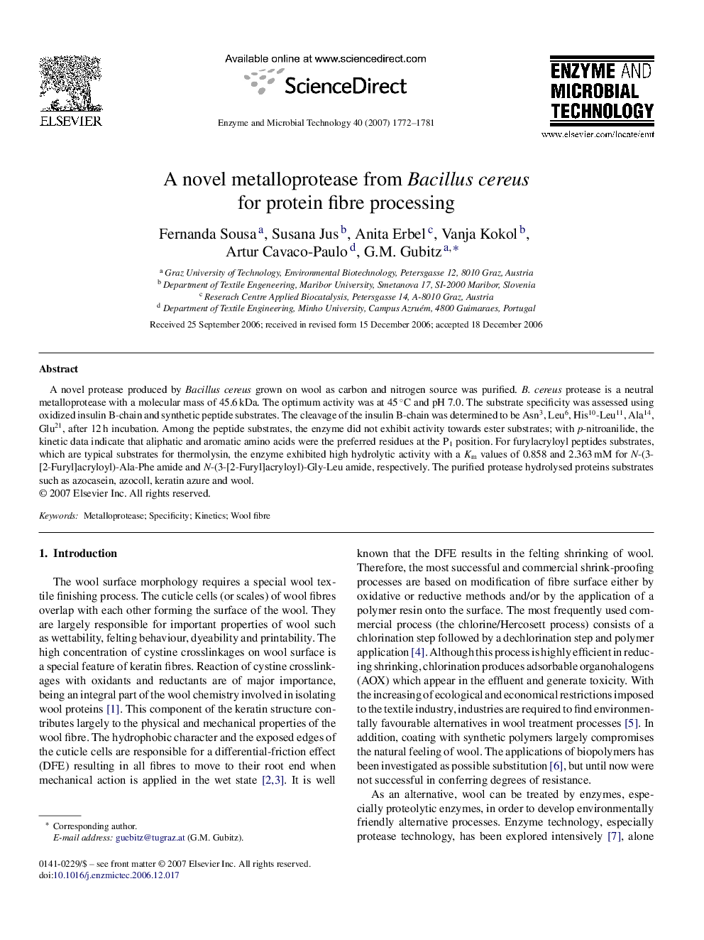 A novel metalloprotease from Bacillus cereus for protein fibre processing