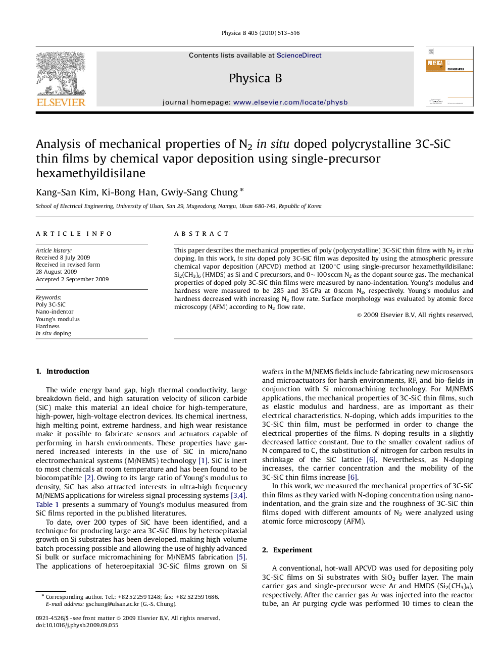 Analysis of mechanical properties of N2in situ doped polycrystalline 3C-SiC thin films by chemical vapor deposition using single-precursor hexamethyildisilane