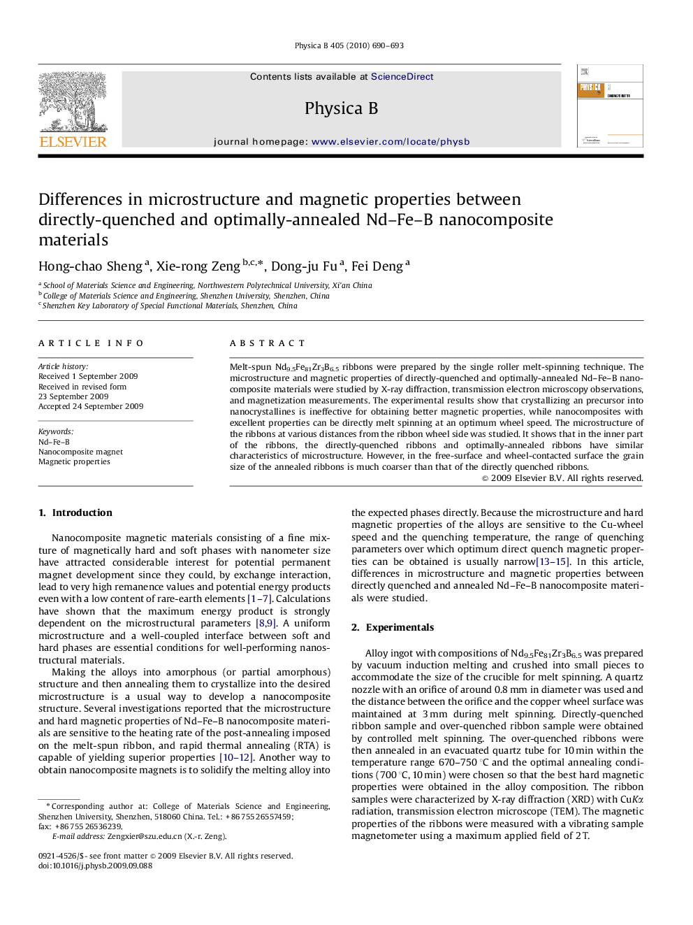 Differences in microstructure and magnetic properties between directly-quenched and optimally-annealed Nd–Fe–B nanocomposite materials