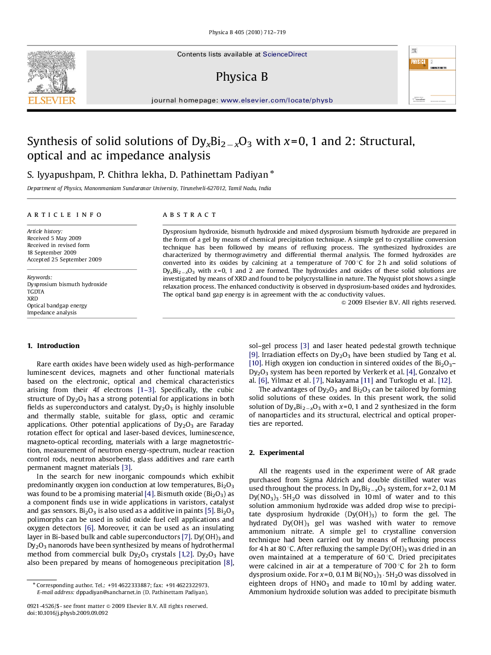 Synthesis of solid solutions of DyxBi2−xO3 with x=0, 1 and 2: Structural, optical and ac impedance analysis