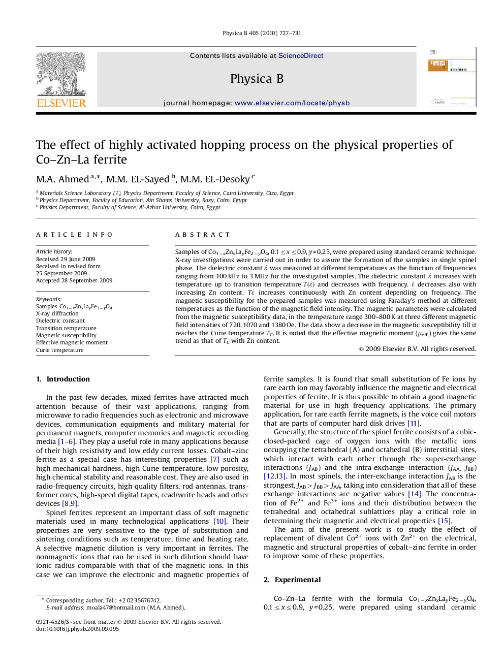 The effect of highly activated hopping process on the physical properties of Co–Zn–La ferrite