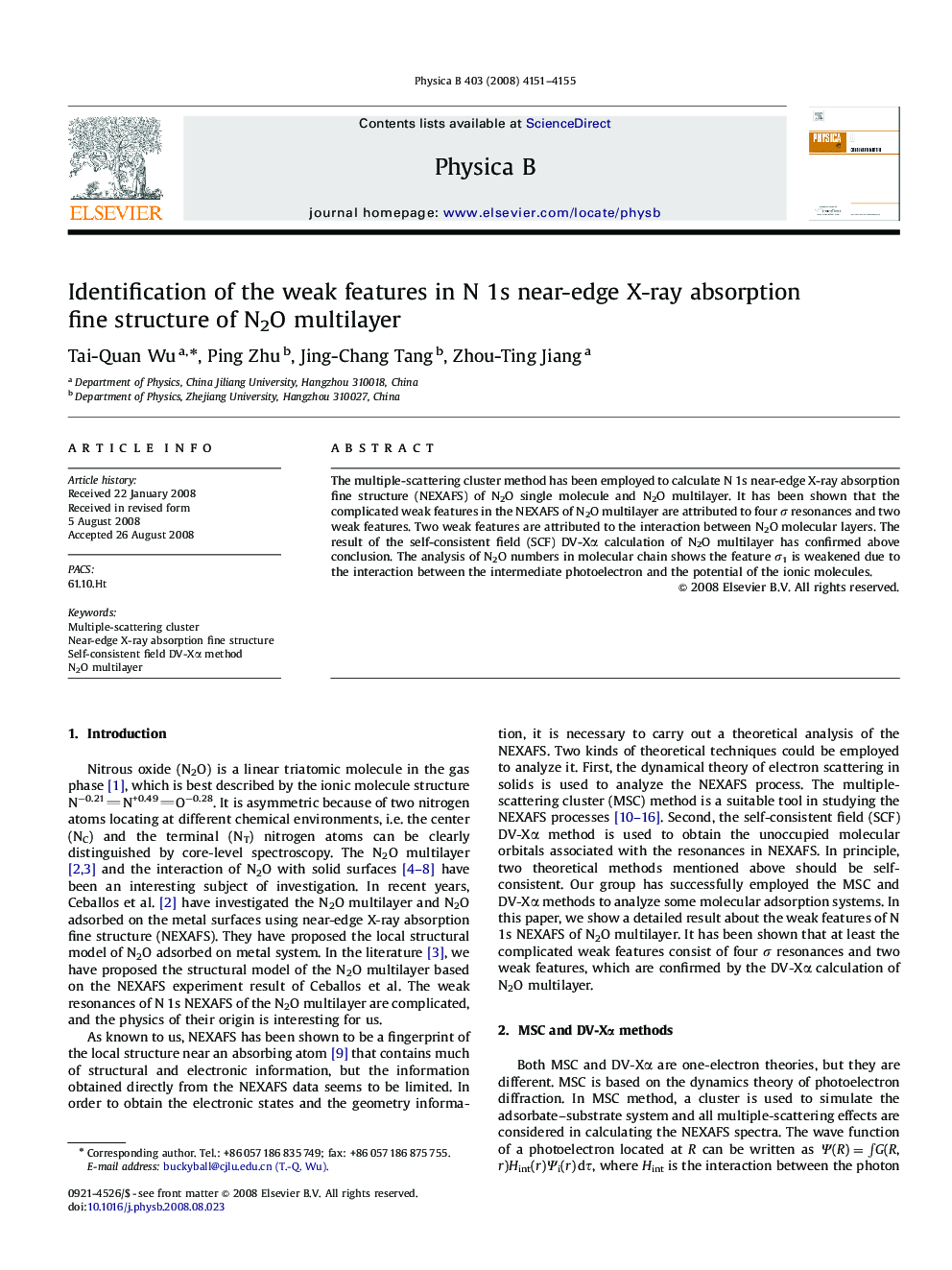 Identification of the weak features in N 1s near-edge X-ray absorption fine structure of N2O multilayer