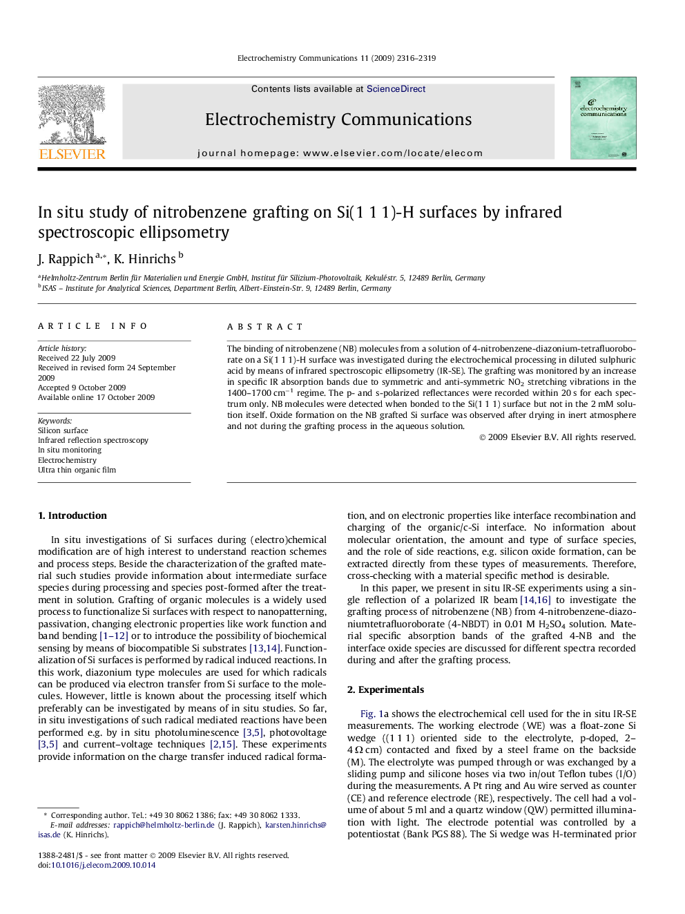 In situ study of nitrobenzene grafting on Si(1 1 1)-H surfaces by infrared spectroscopic ellipsometry