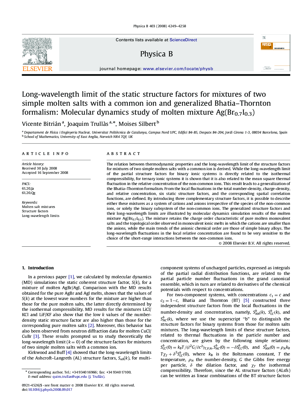 Long-wavelength limit of the static structure factors for mixtures of two simple molten salts with a common ion and generalized Bhatia-Thornton formalism: Molecular dynamics study of molten mixture Ag(Br0.7I0.3)