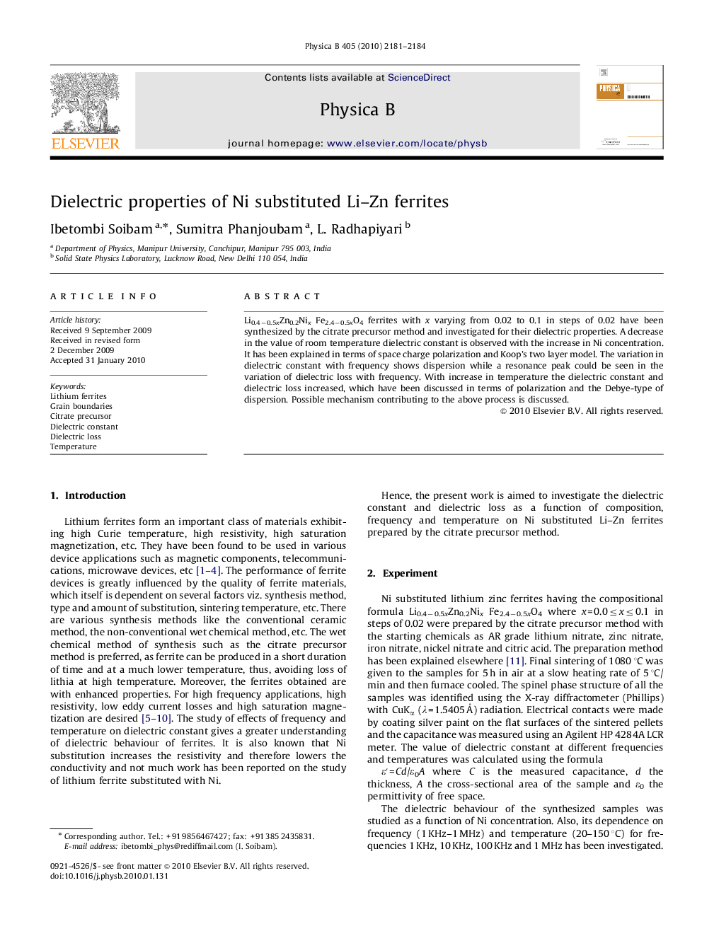 Dielectric properties of Ni substituted Li-Zn ferrites