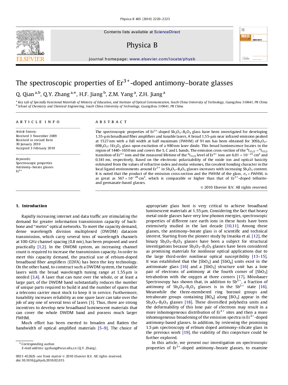 The spectroscopic properties of Er3+-doped antimony–borate glasses