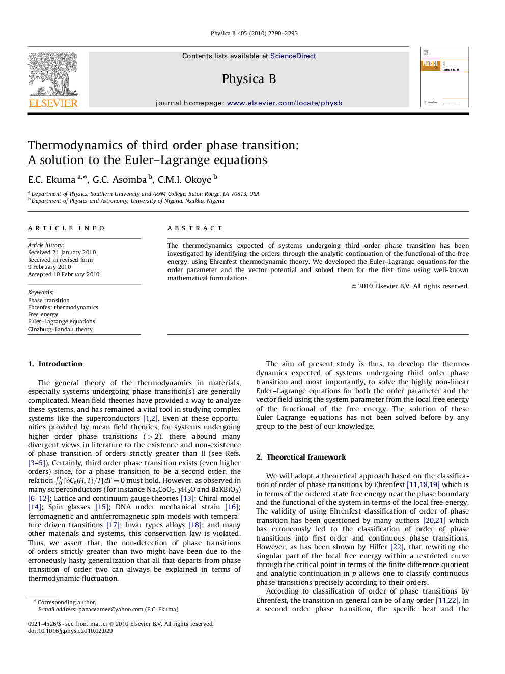 Thermodynamics of third order phase transition: A solution to the Euler–Lagrange equations