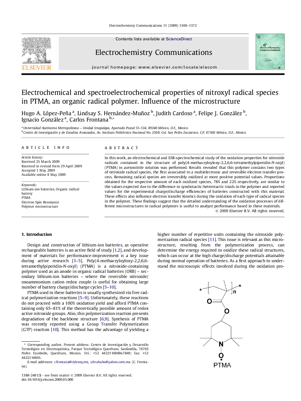 Electrochemical and spectroelectrochemical properties of nitroxyl radical species in PTMA, an organic radical polymer. Influence of the microstructure