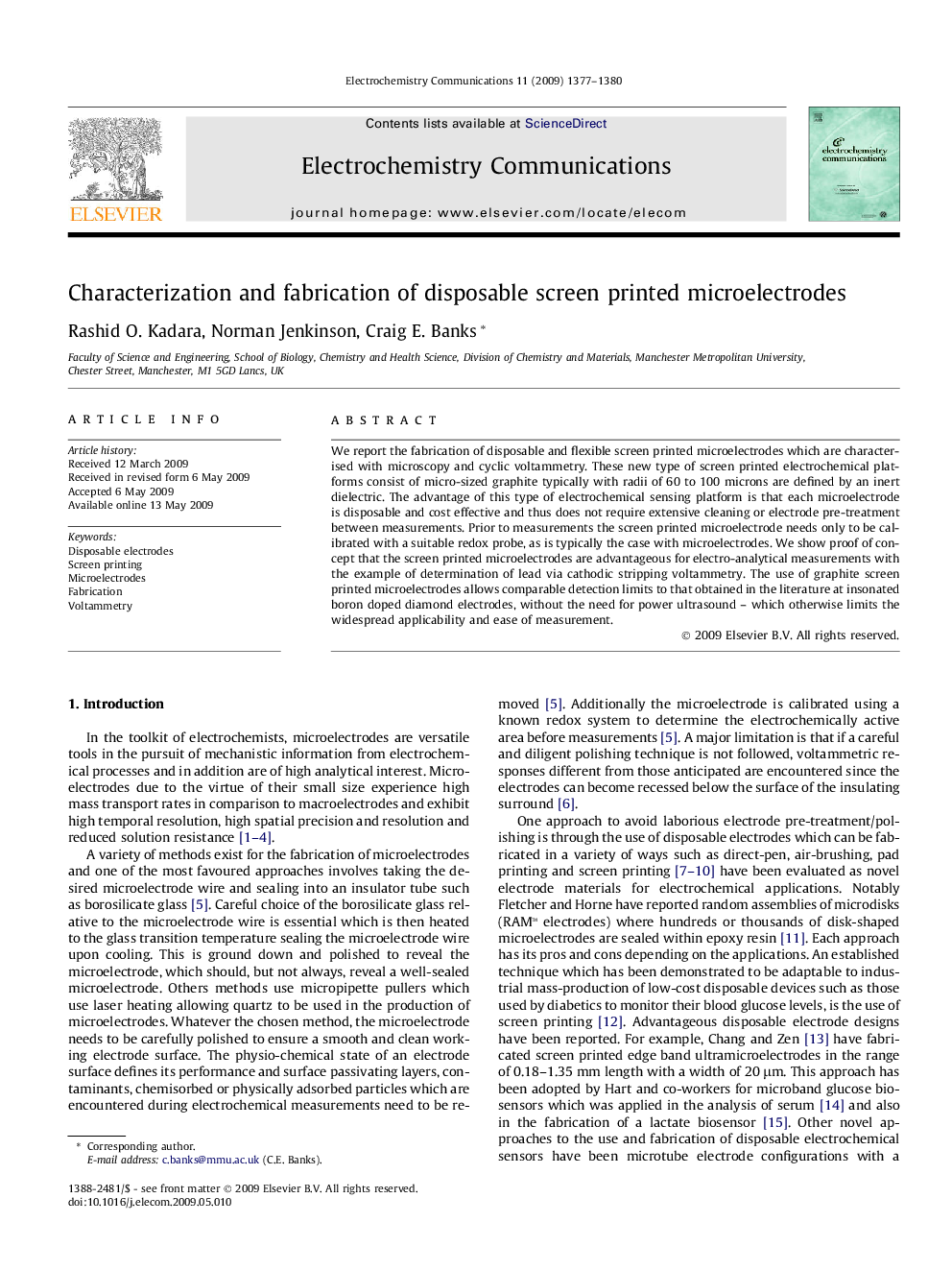 Characterization and fabrication of disposable screen printed microelectrodes