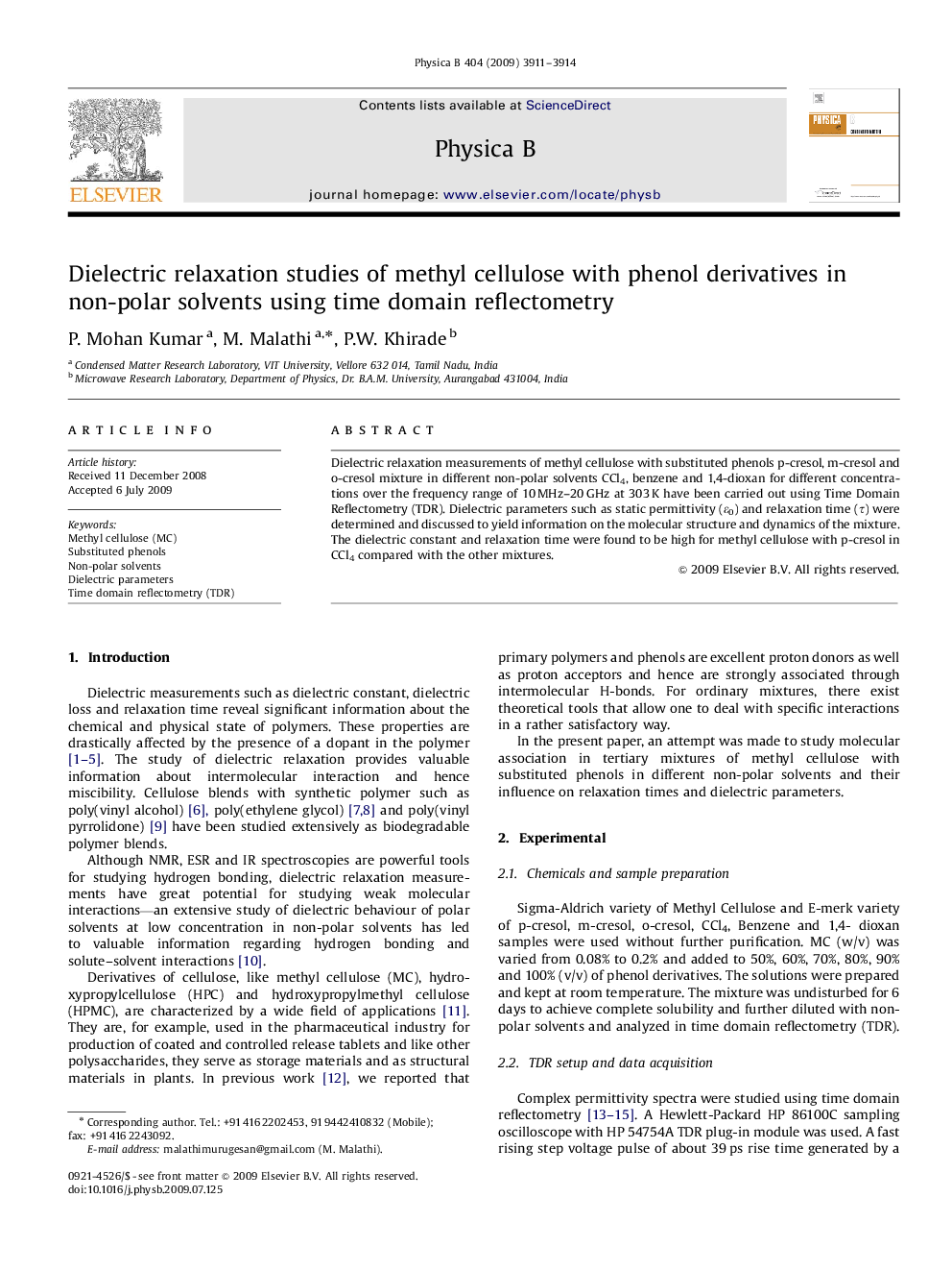 Dielectric relaxation studies of methyl cellulose with phenol derivatives in non-polar solvents using time domain reflectometry